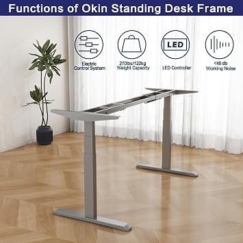 Okin Dual Motor Electric Standing Desk Frame with Memory Controller, Standing Desk Legs Up to 49.3, 3 Stage Rapid Mount Adjustable Desk Legs 270lbs Load Capacity for Home & Office, Silver Frame Only