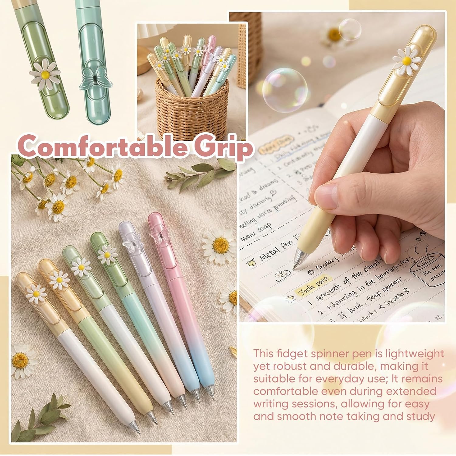 Crtiin 12 Pcs Fidget Twistable Pens Set with Kawaii Rotatable Patch for Adults 8 Daisy 4 Butterfly 0.5mm Black Ink Smooth Writing Quick Dry Fine Point for Women Men Office Supplies image 5
