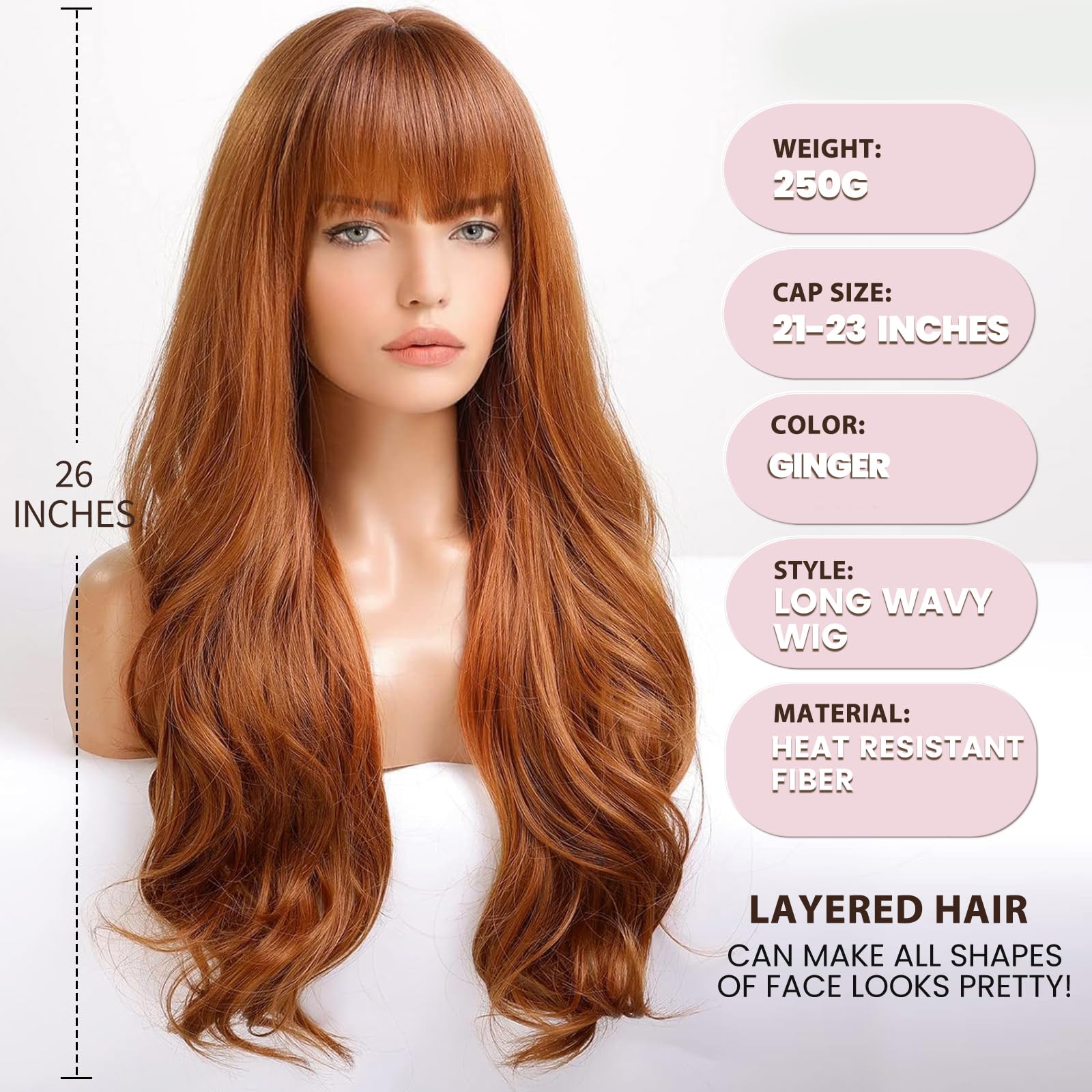 EMMOR Perruques Ombré Auburn pour Femmes Perruque Longue et Bouclée avec Frange en Fibres Synthétiques Résistantes à la Chaleur Perruques Quotidiennes d'Aspect Naturel