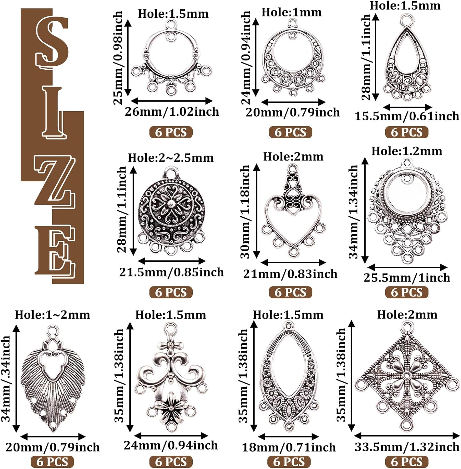 Pandahall 60pcs 10Styles Tibetan Antique Silver Alloy Chandelier Components Links Dangle Earrings Connector Charms for Jewelry Making Necklace Pendants - Image 2