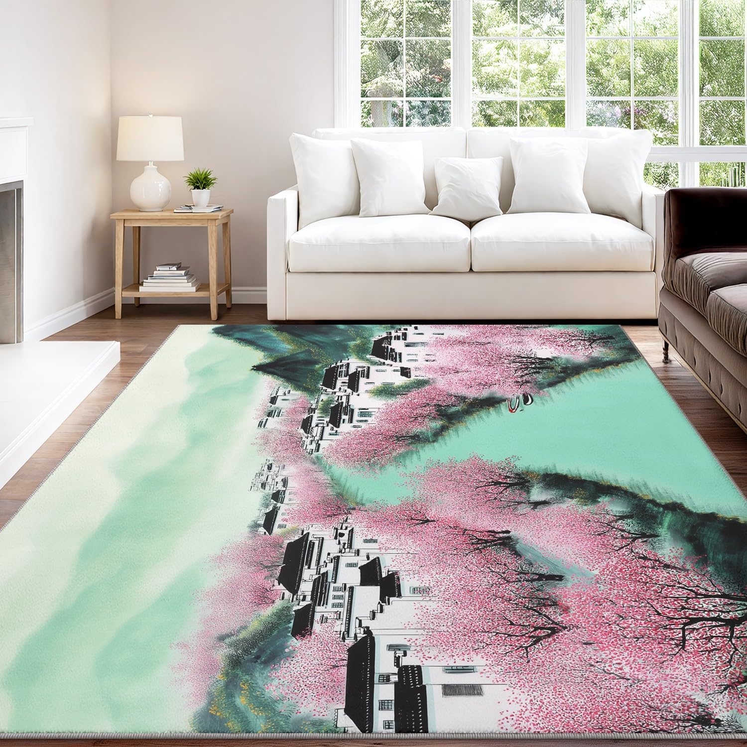 Zielony, nadający się do prania, motyw krajobrazu, 140 x 200 cm, klasyczny, dalekowschodnia wioska wodna, rzeka, wioska, do salonu, miękki, antypoślizgowy, z krótkim włosiem, do sypialni, jadalni