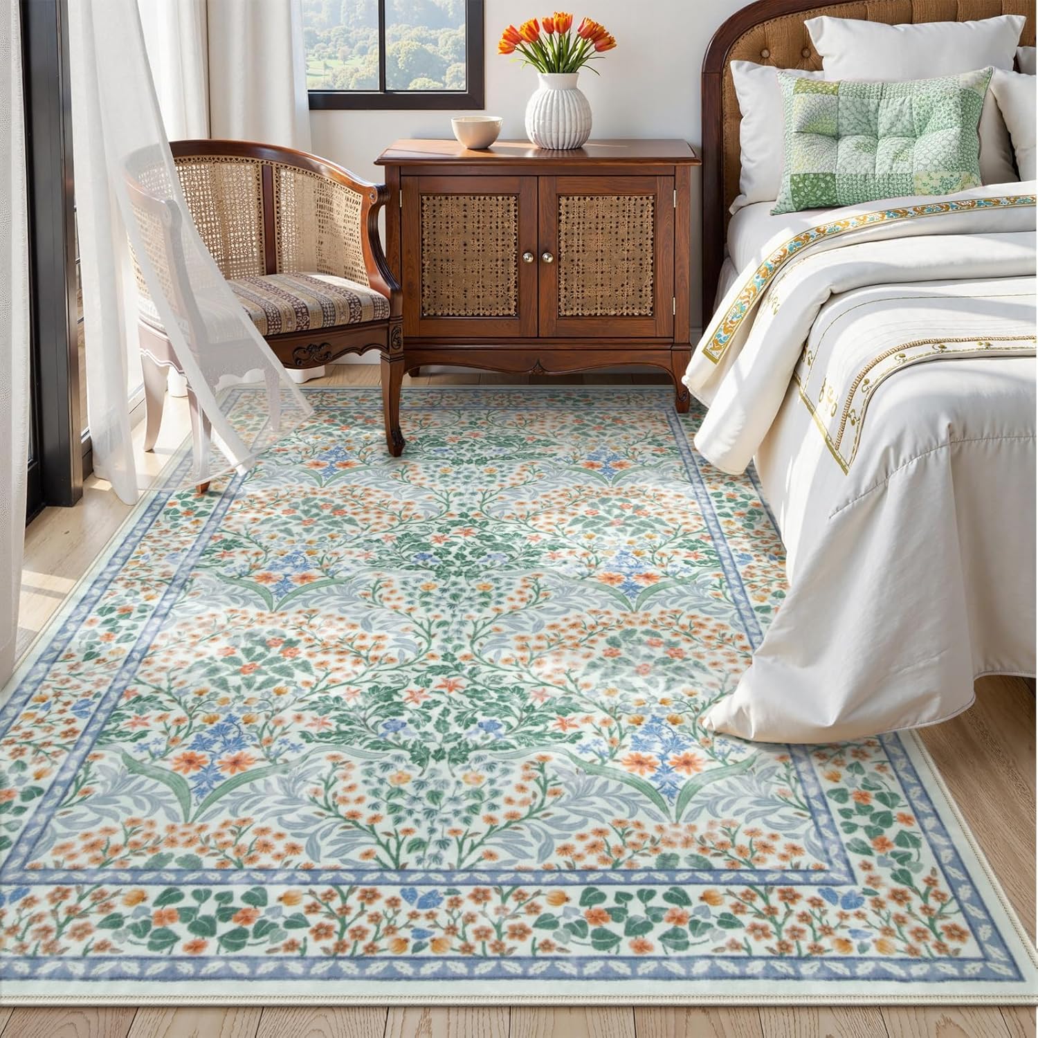 Lahome Floral Washable Area Rugs 5x7, Soft Green Rugs for Living Room Bedroom, Boho Non Slip Low Pile Forest Stain Resistance Large Throw Carpet for Farmhouse Dining Room Nursery, Green - Image 3