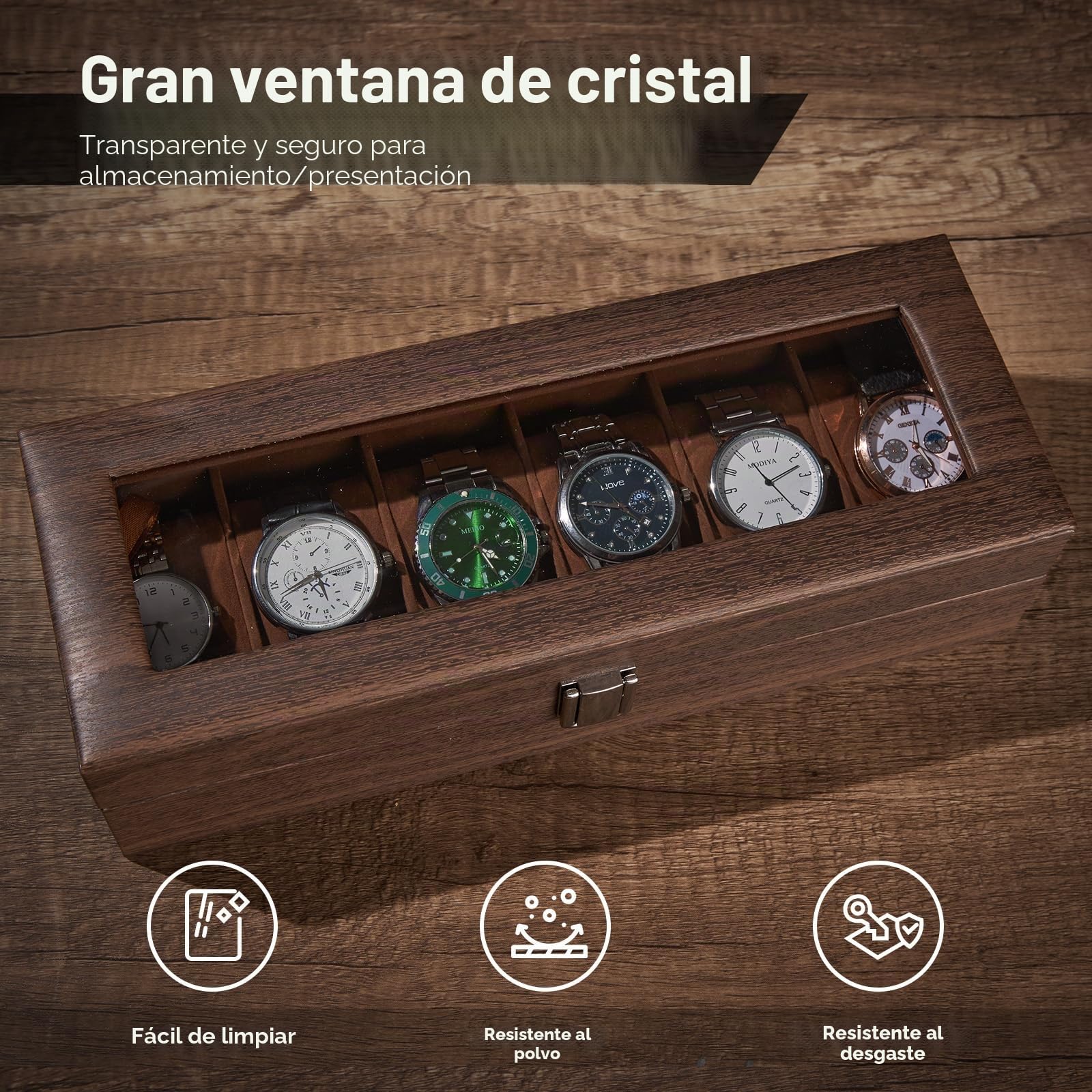 Ohuhu Caja Relojes con 6 Compartimentos, Caja para Relojes con Tapa de Cristal y Cojín Extraíble,Regalo para Cumpleaños Día del Padre Navidad