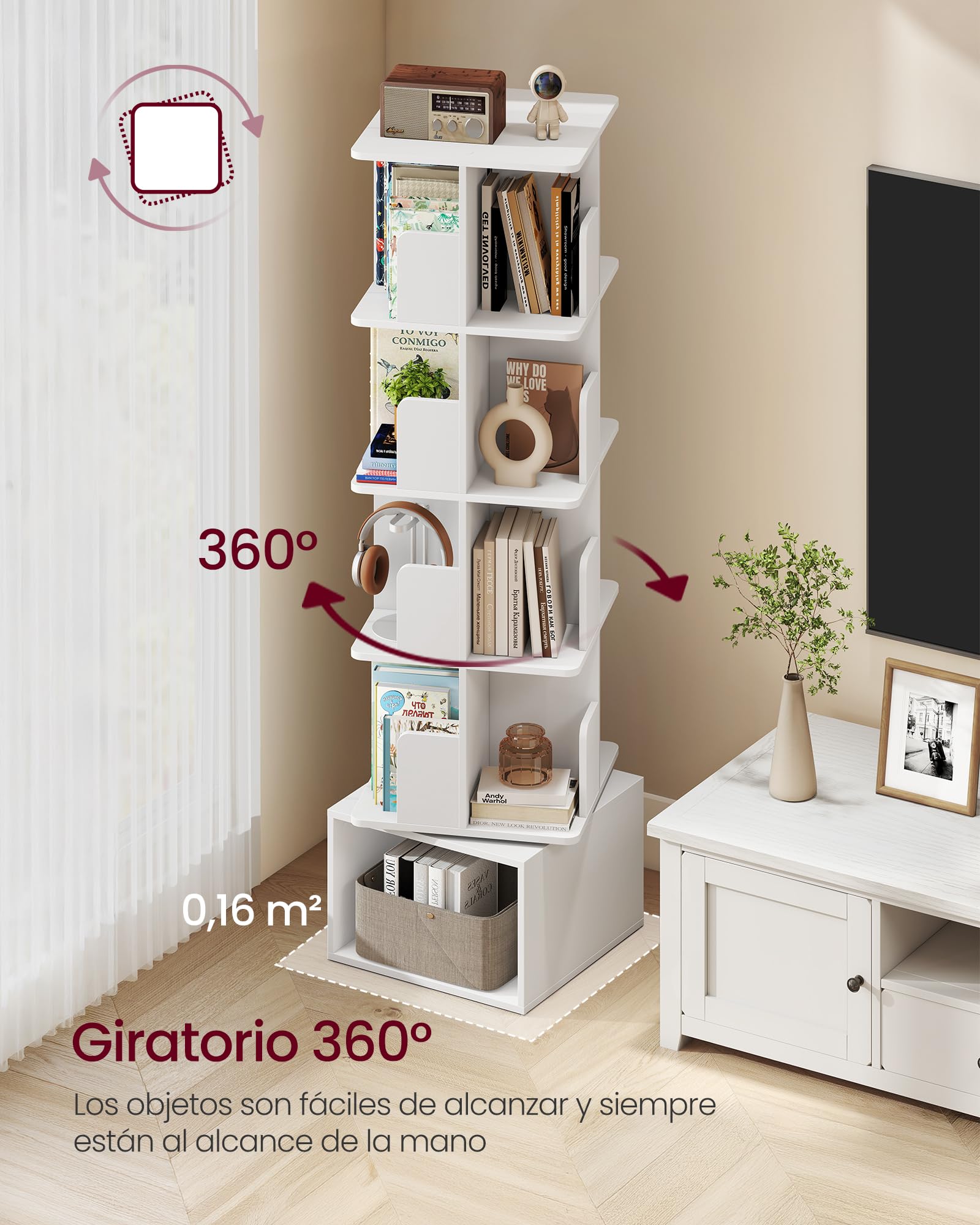 VASAGLE Custos Colección - Estantería Giratoria de 5 Niveles, Librería Rotatoria 360°, con Compartimentos Abiertos, 40 x 40 x 155,8 cm, para Dormitorio, Salón, Oficina, Blanco Nube LBC472WB01