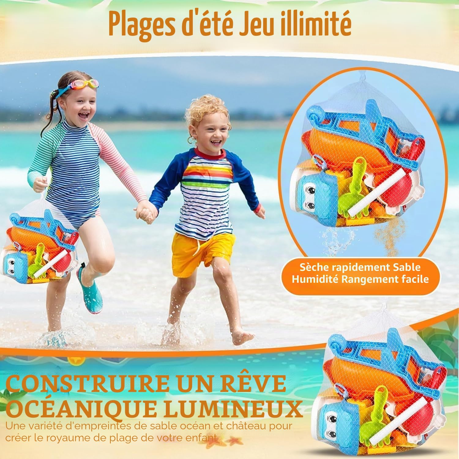 30 Pièces Jeu De Plage – Seau, Pelles, Moules, Roue à Eau Et Sac Filet – Cadeau Été Enfant
