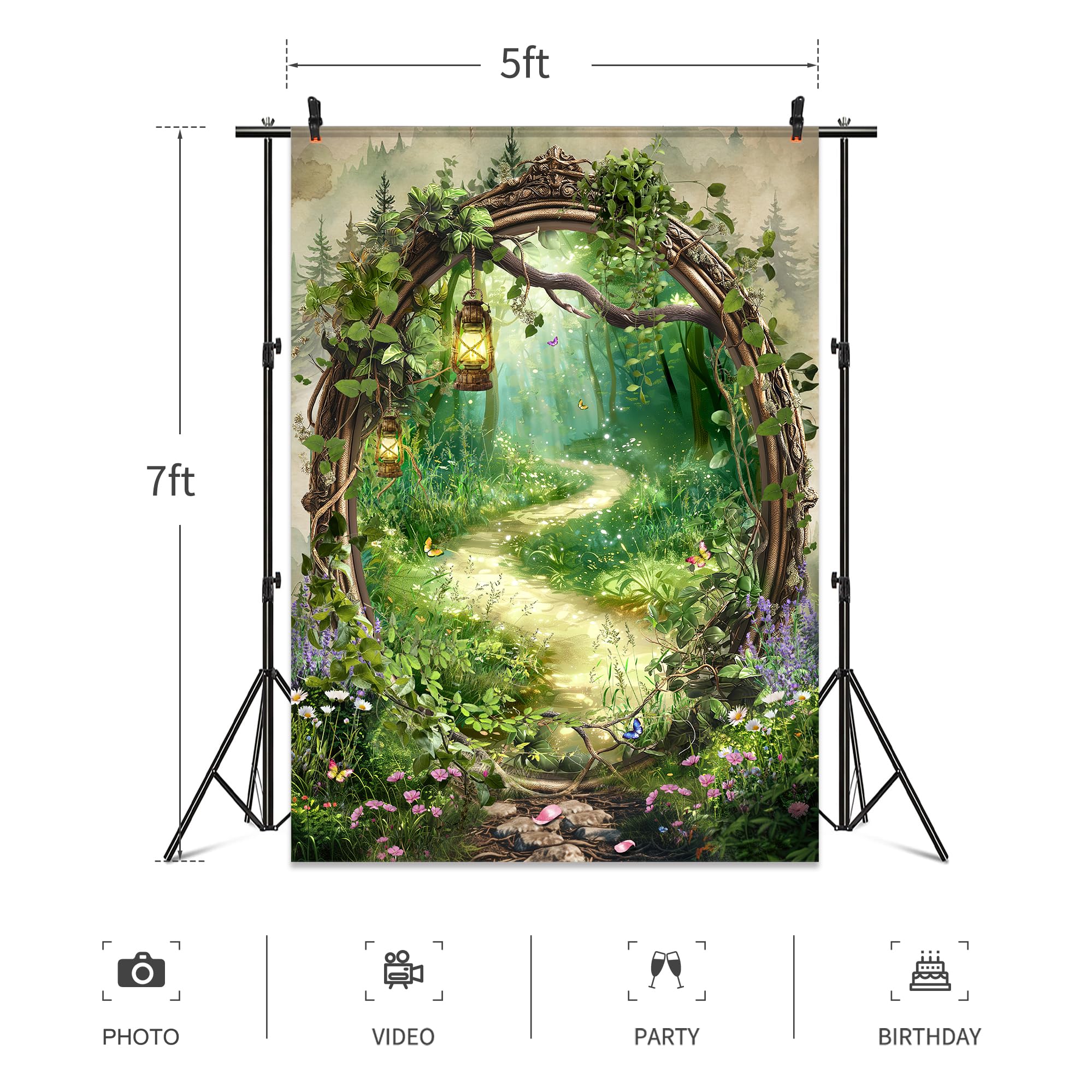 Omifly Moon Night Backdrop 5Wx7H for Photography Fairy Blue Sky Sea Full Moon Scene Seaside Enchanted Misty Woodland Background Party Decorations Cake Table Banner Decor Photo Booth Studio Prop: A-03green 5Wx7H