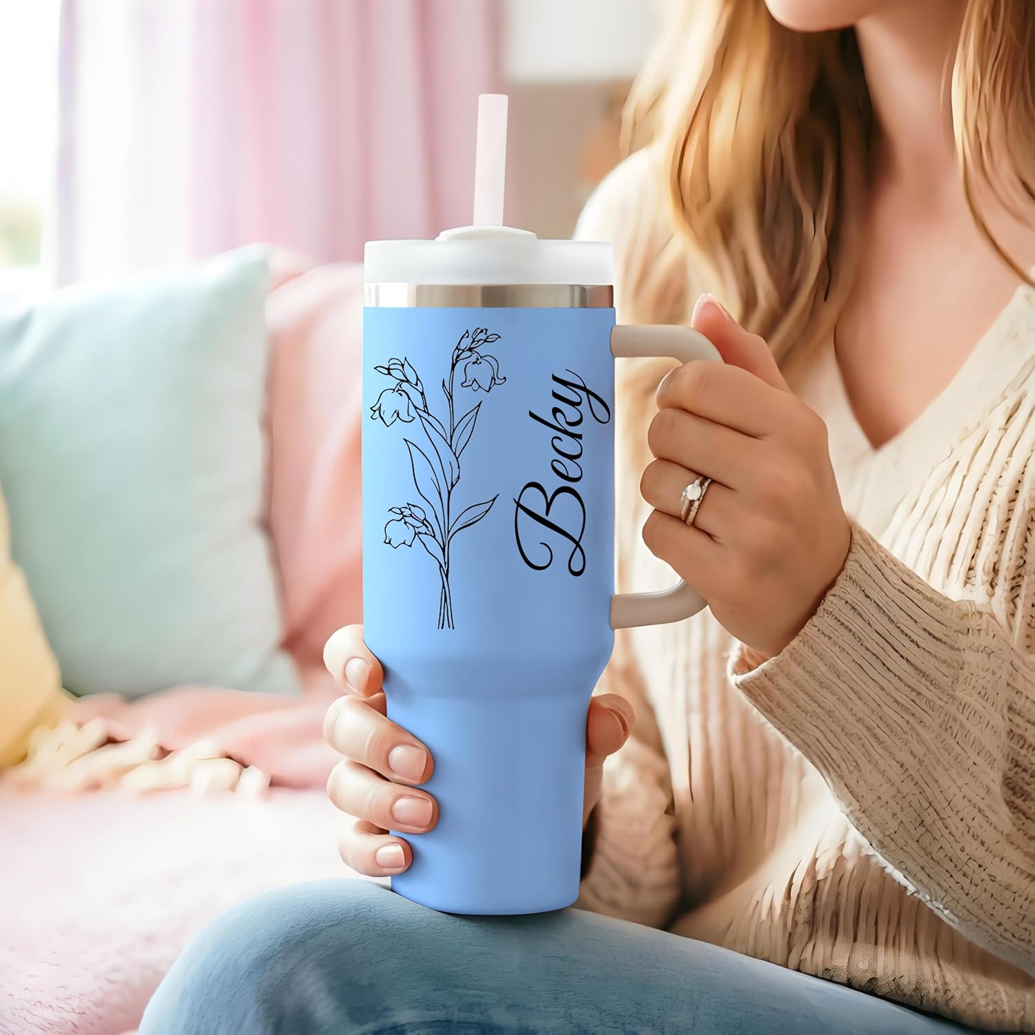 Personalized 40 Oz Tumbler with Handle and Straw, Custom Name & Birth Flower Stainless Steel Coffee Tumbler, Insulated Travel Cup with Lid, Birthday Gifts for Women Mom Daughter (Brith Flower 1)