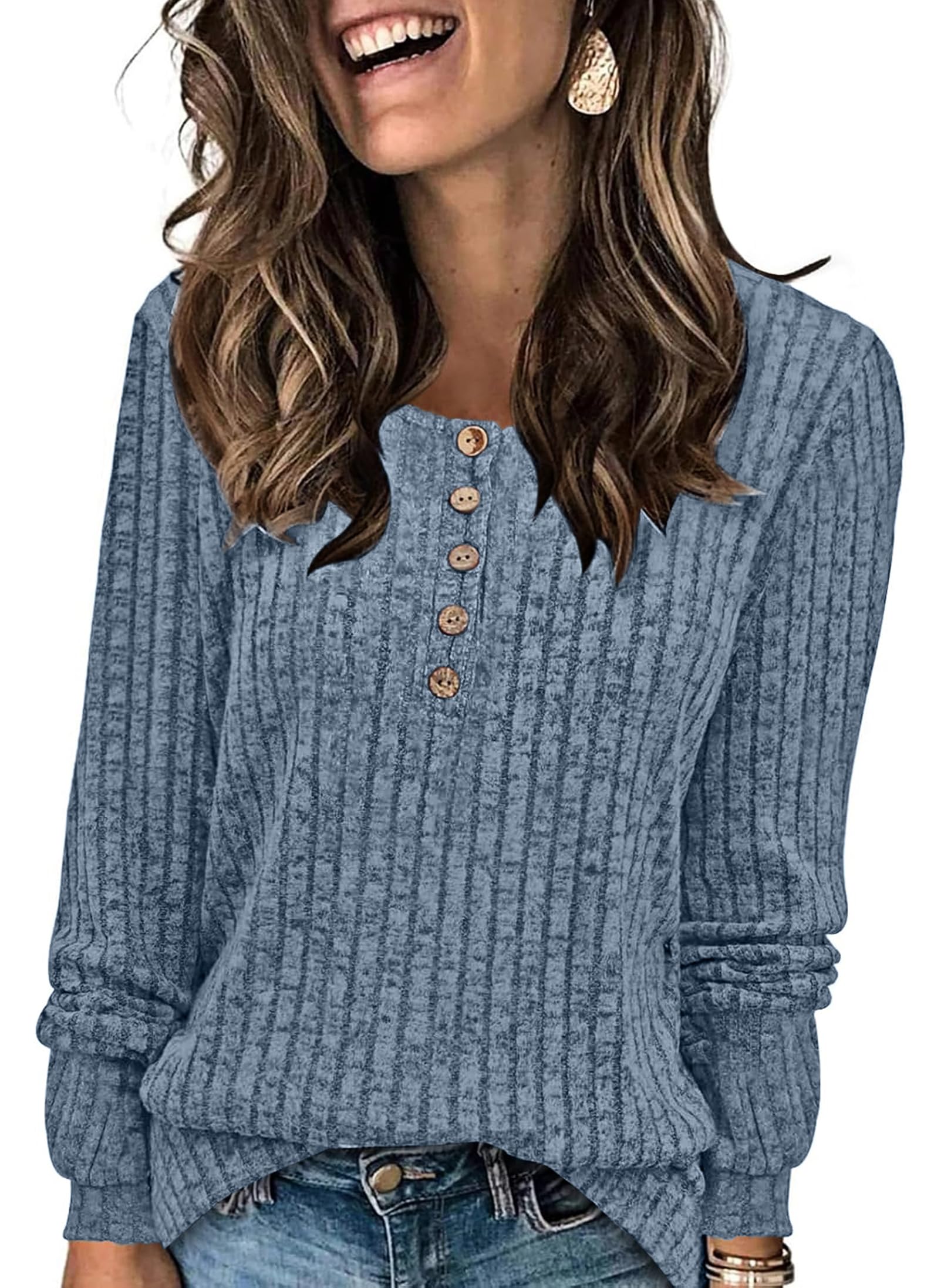 Sweater for Women Long Sleeve Henley Shirts Tunic Tops to Wear with Leggings crew neck Sweaters Trendy 2025