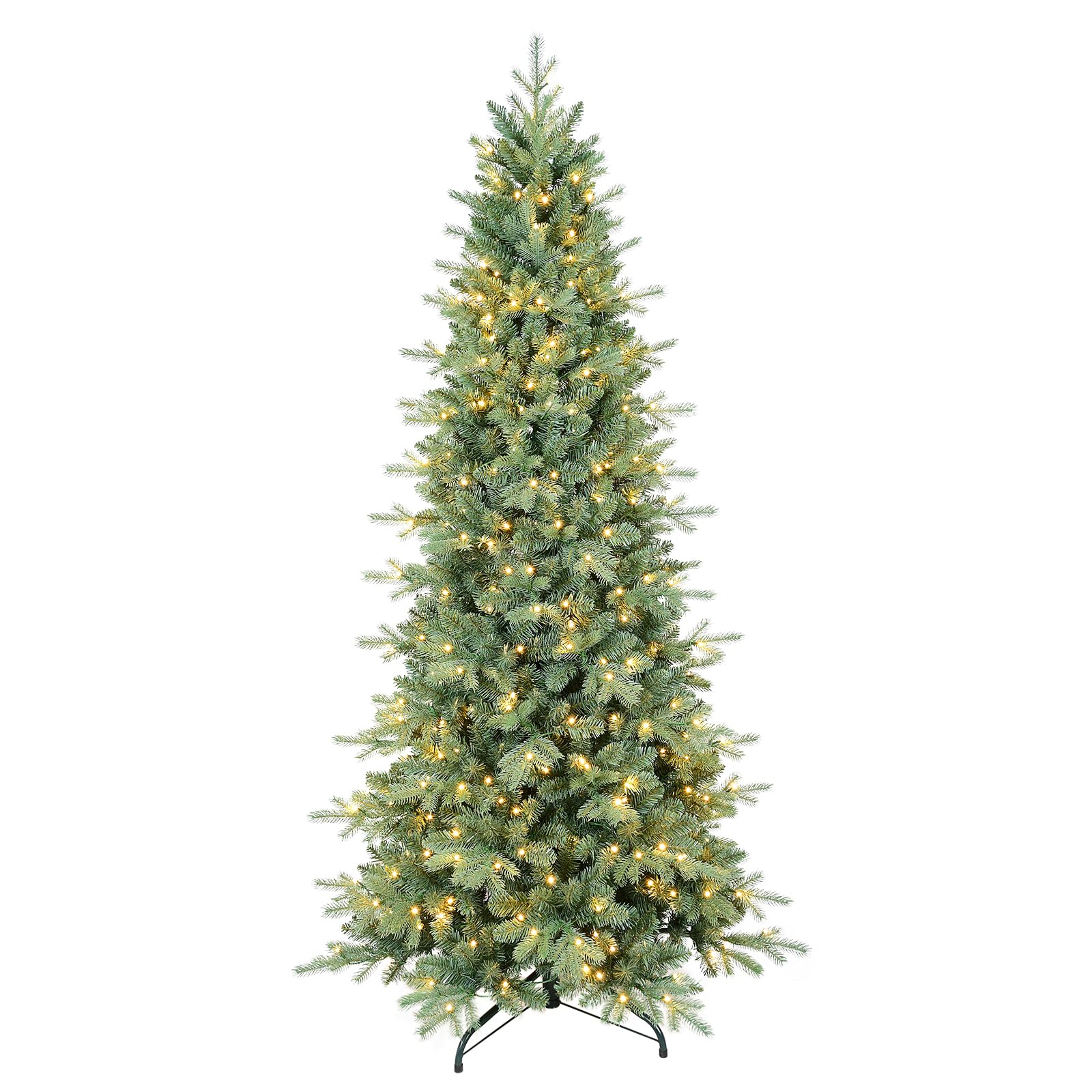 6 FT Prelit Artificial Skinny Christmas Tree,Blue Spruce Slim Pencil Xmas Tree with 1205 PE&PVC Mixed Branch Tips and 300 UL Listed Clear Lights,Hinged Pine Tree with Metal Stand for Home Office Décor