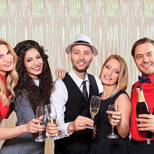 Miniatura 3 de Paquete de 3 cortinas de fondo de flecos de aluminio, cortinas de oropel de 3.3 x 8.2 pies, vaporizadores transparentes para decoración de fiestas,