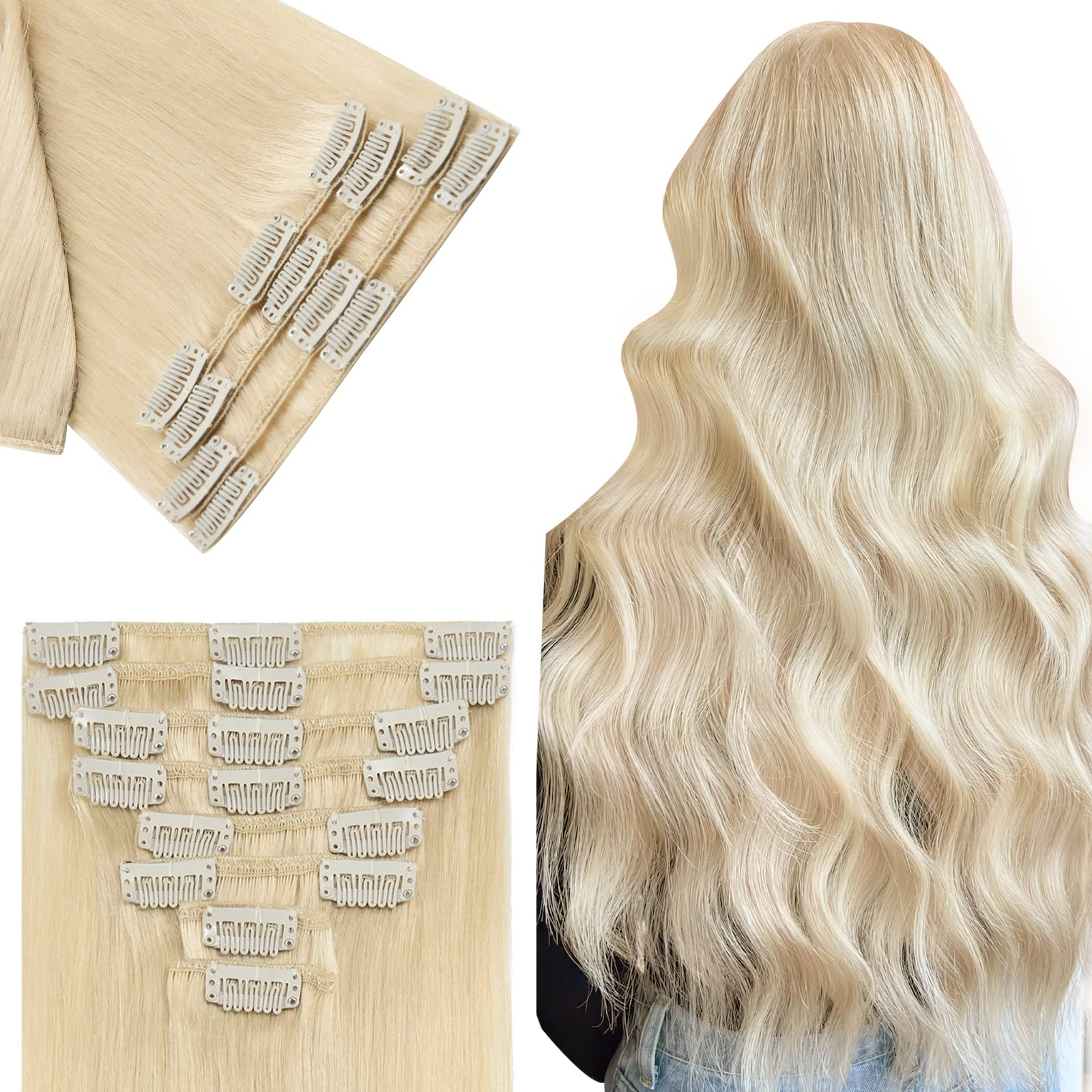 BenehairClip in Hair Extensions Long Straight Remy Natural 100% Human Hair Full Head 8pcs 16inch #613 Bleach Blonde