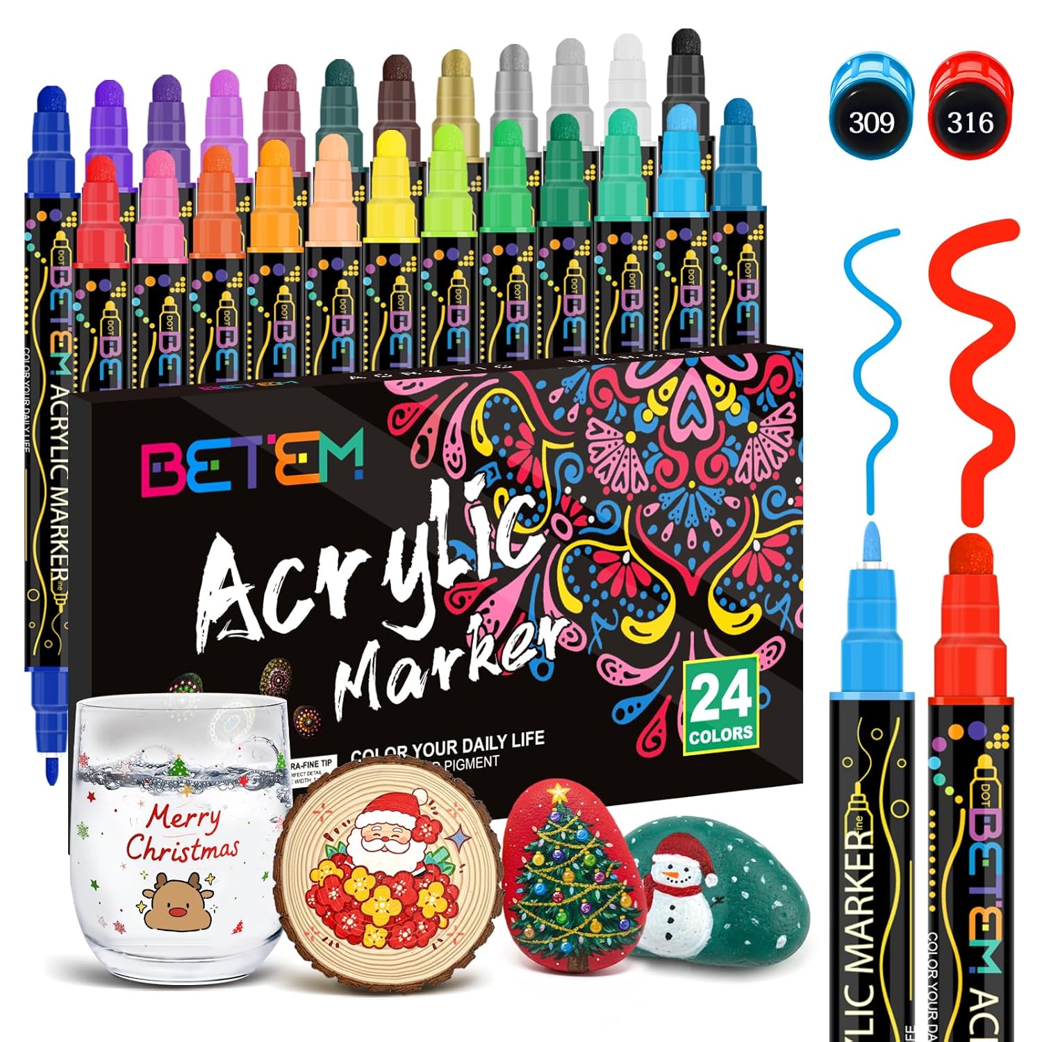 Betem 24 Colors Dual Tip Acrylic Paint Pens Markers, Premium Acrylic Paint Markers Stocking Stuffers for Rock, Wood, Fabric, Glass, Canvas, Ceramic, Christmas Gifts for Teens...