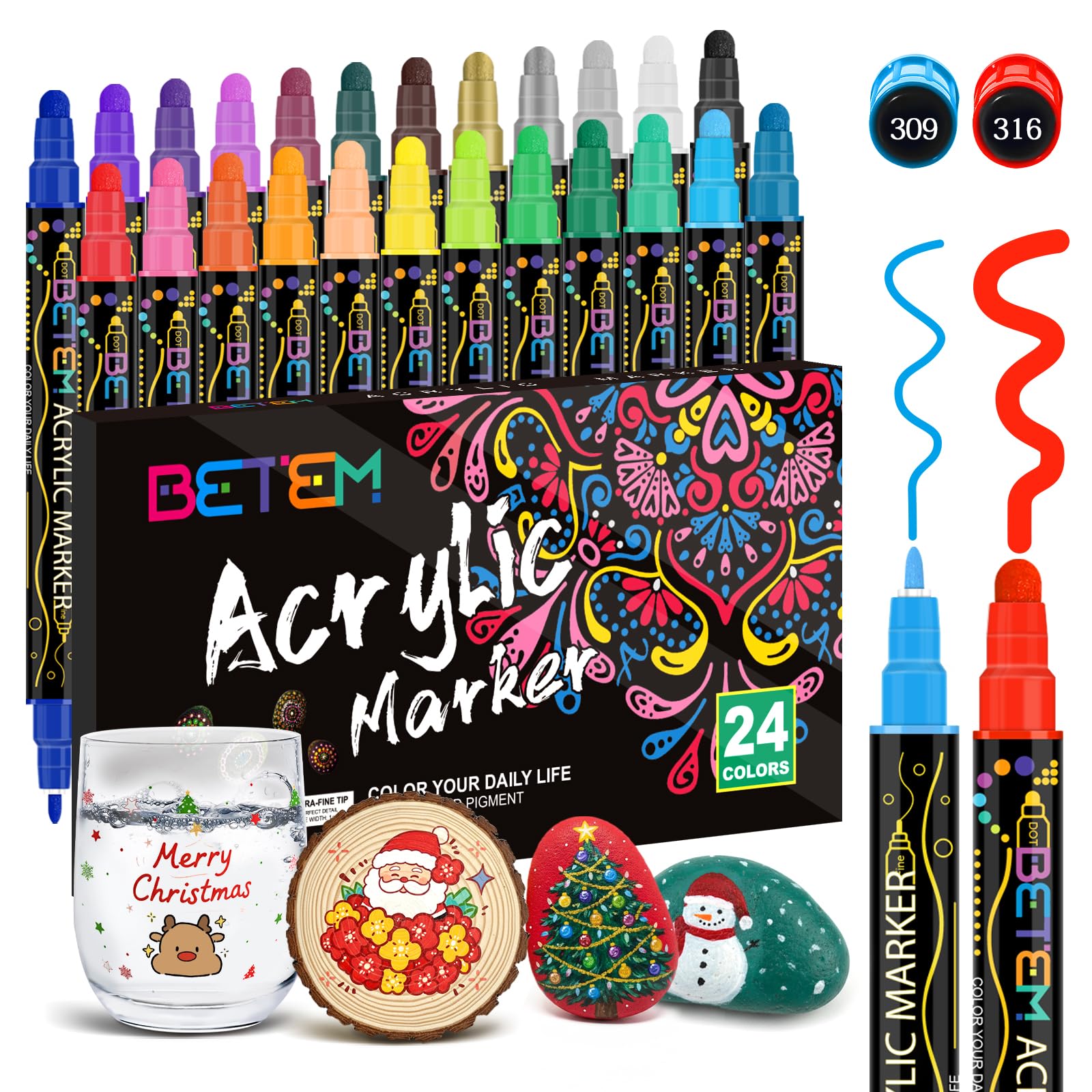 Betem 24 Colors Dual Tip Acrylic Paint Pens Markers, Premium Acrylic Paint Pens Stocking Stuffers for Rock Painting, Wood, Canvas, Glass, Ceramic Surfaces, Christmas Gifts for Teens DIY Art Supplies