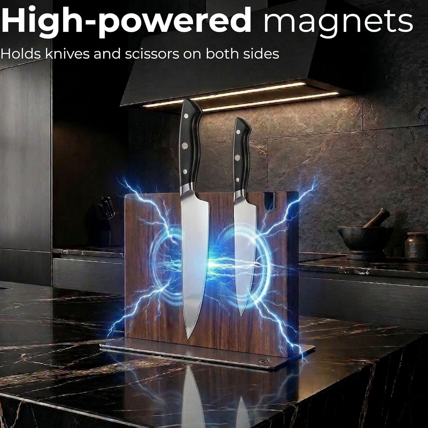 Magnetic Knife Block Stand XL with Built-in Knife Sharpener Wooden Magnetic Knife Holder for kitchen knife storage elegant and sturdy Countertop knife stand Knife magnet in Acacia wood
