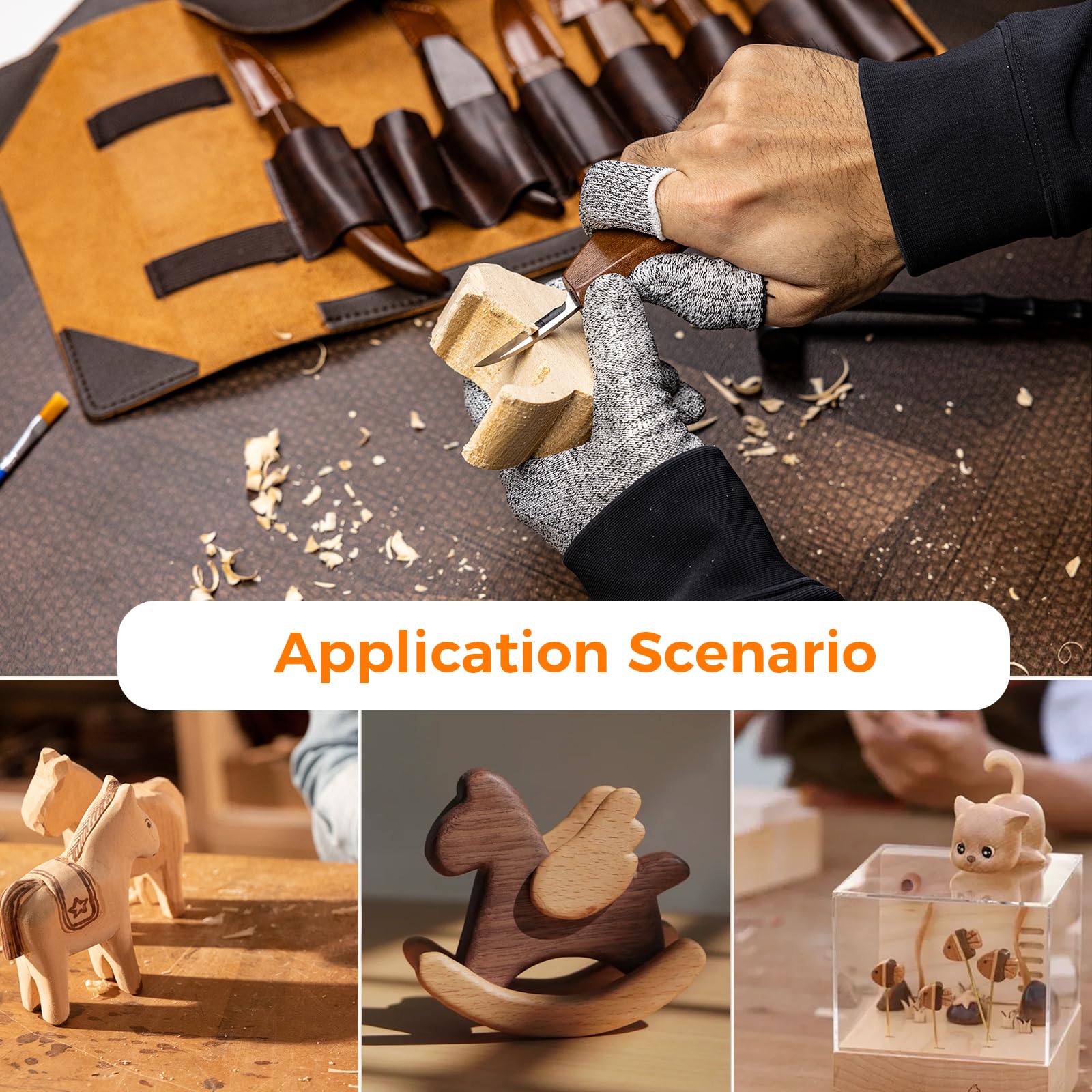 Kit de tallado de madera de 68 piezas para adultos y principiantes, 16 cuchillos y cinceles, 8 bloques de tilo, rollo de herramientas de cuero, guantes de seguridad, pinturas y plantillas, juego