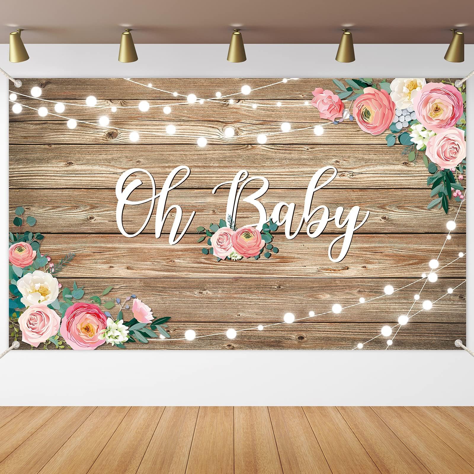 Rustic Wood Baby Shower Backdrop Banner Oh Baby Floral Baby Shower Decorations Background for Girls and Boys Wood Floor Flower Wall Newborn Birthday Party Supplies Photo Shoot Booth