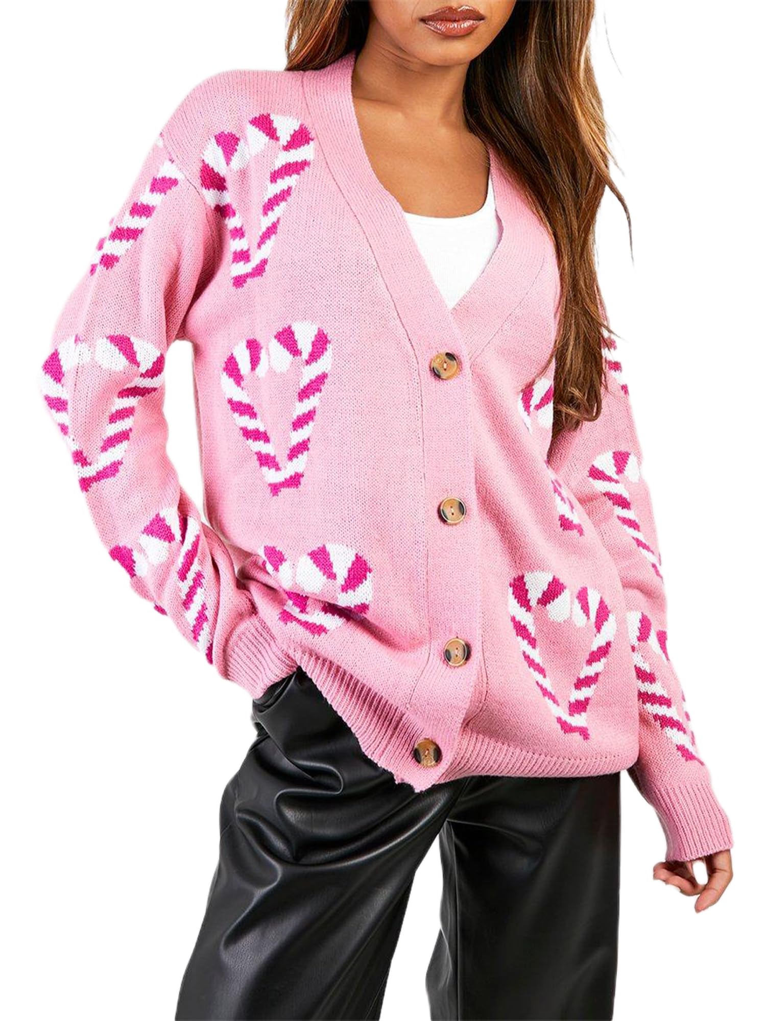Womens Christmas Cardigan Candy Cane Drop Shoulder Long Sleeve Ribbed Button Front Tops Sweaters Cardigan Streetwear