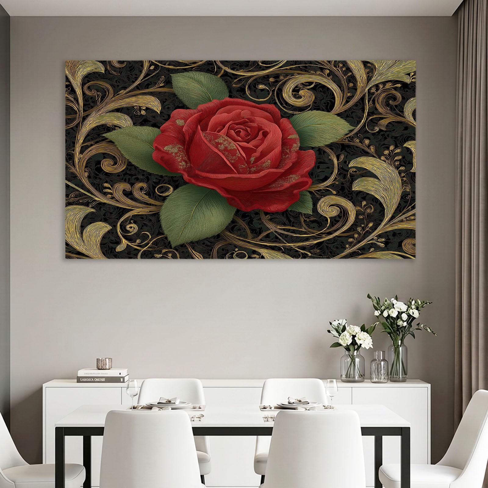 Quadro su tela, 120 x 80 cm, stampa floreale di lusso, stampa artistica su tela, decorazione per camera da letto, regalo, rosa rossa