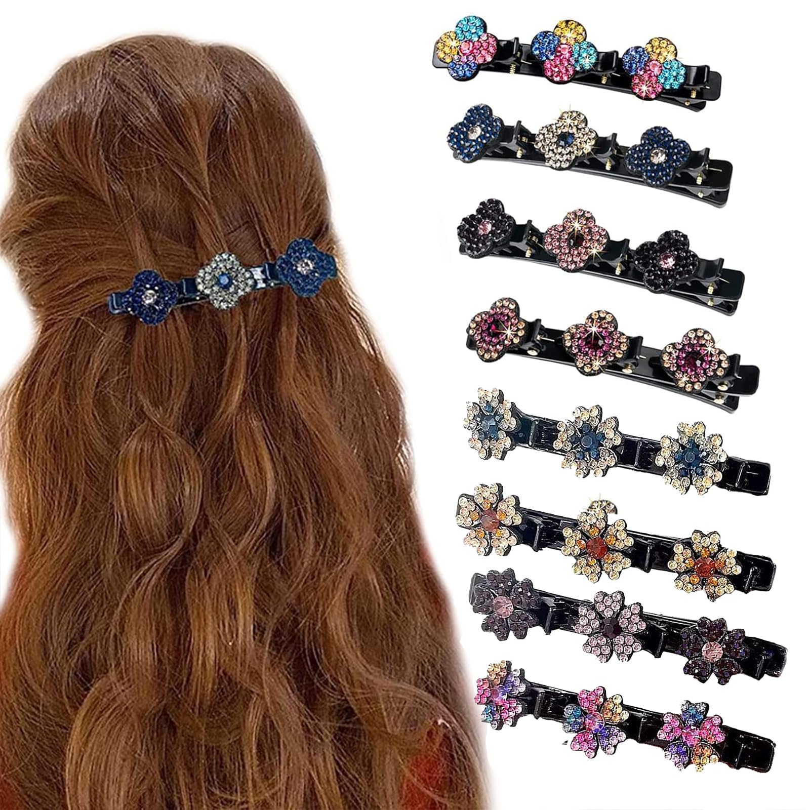 Sparkling Crystal Stone Braided Hair Clips, Satin Fabric Clips for Women, Four-Leaf Crystal Stone Hair Clip with 3 Small Clips Clover&Plum-8 PCS