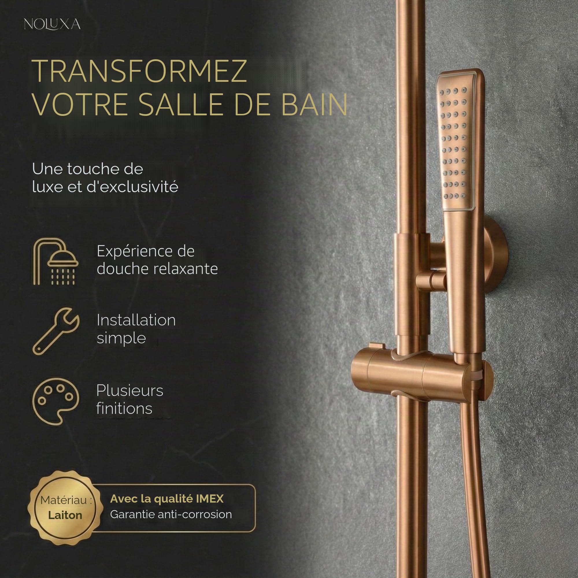 IMEX - Colonne de Douche Thermostatique Or Rose avec Robinet | Ensemble de Douche avec Pommeau et Pommeau Anticalcaire Effet Pluie | Robinetterie en Laiton et Acier Inoxydable S.304 avec Barre
