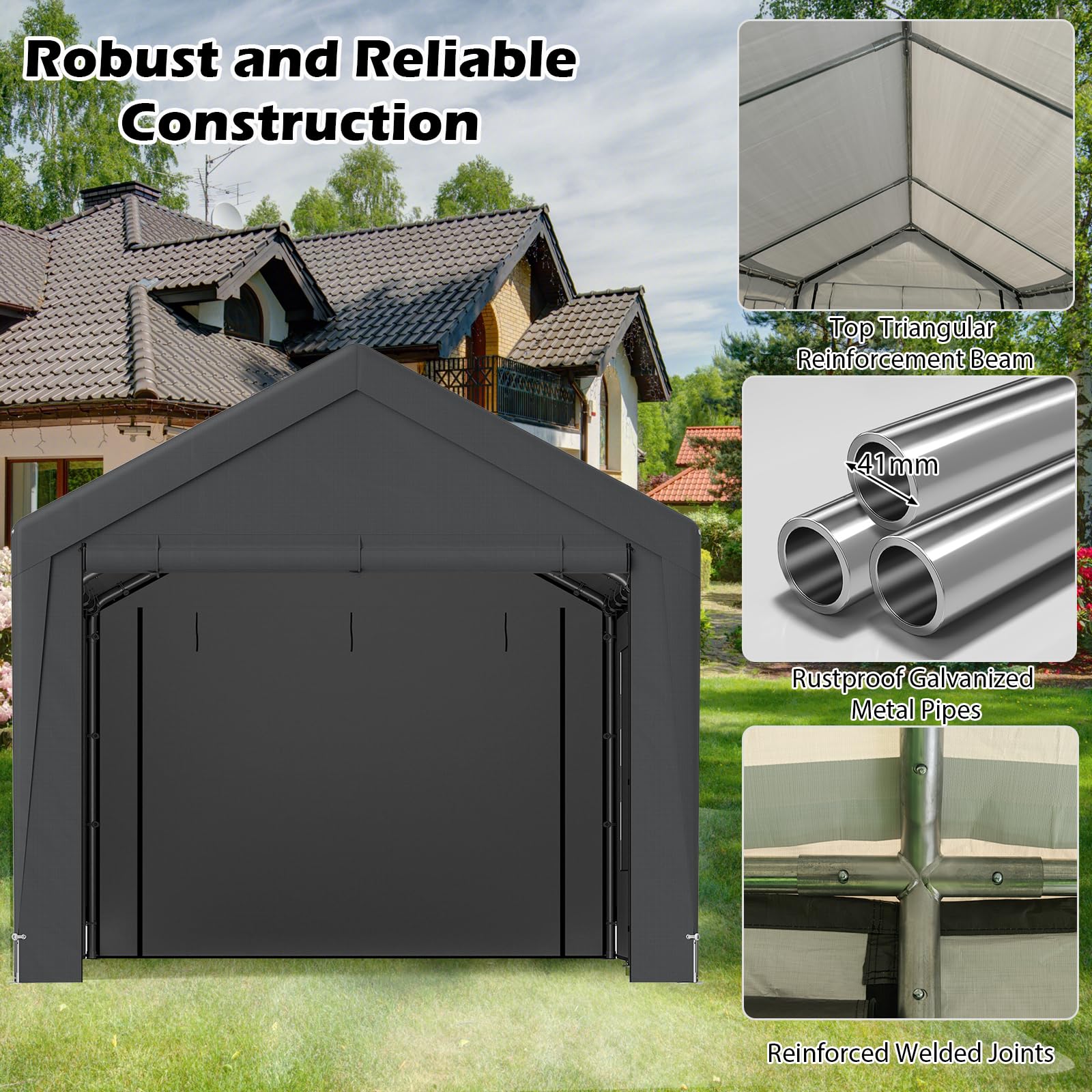 SOARS Carpa de Garaje 300 x 595 x 280, Tienda de campaña con 8 Paredes Laterales extraíbles, Marco de Metal, Paneles de Ventanas de Polietileno, Puertas enrollables, Refugio para Garaje, Incluye