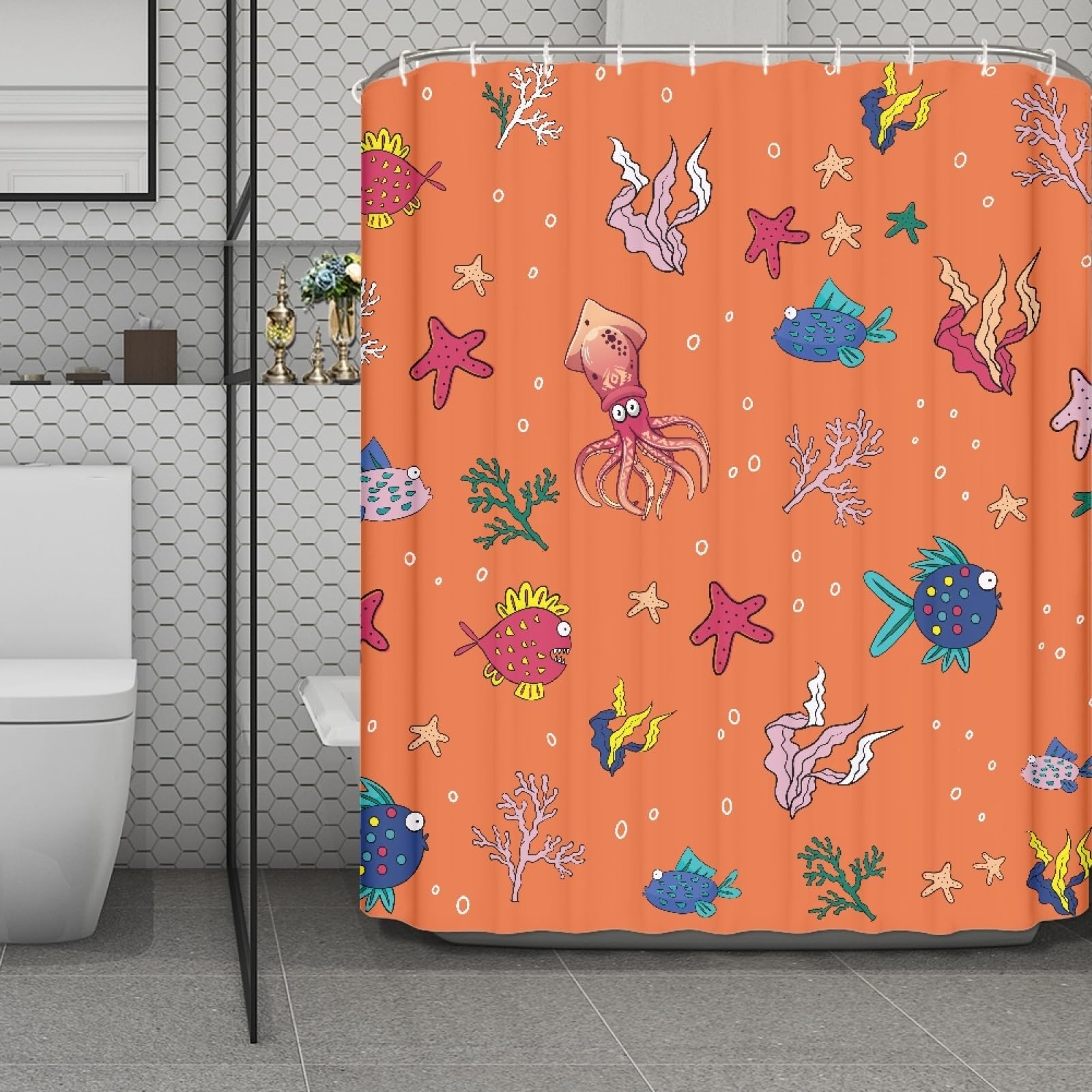Rideau de douche 180x220 orange bleu rouge en tissu polyester lavable