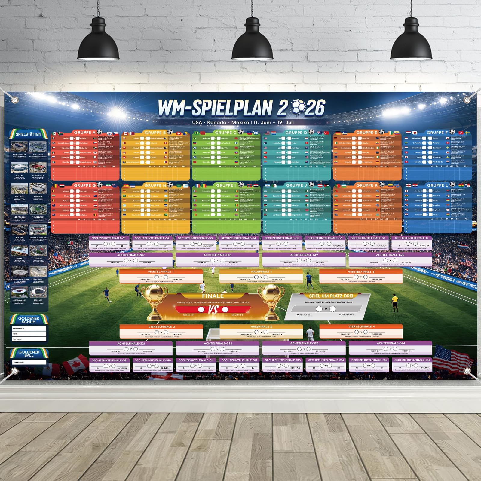 AhfuLife Groß WM Spielplan 2026 Poster 100 x 70cm für Fußballfans, WM Planer 2026 Enthält 48 Mannschaften Gruppen Knockout und Finale alle Ergebnisse der Spiele Vollversion