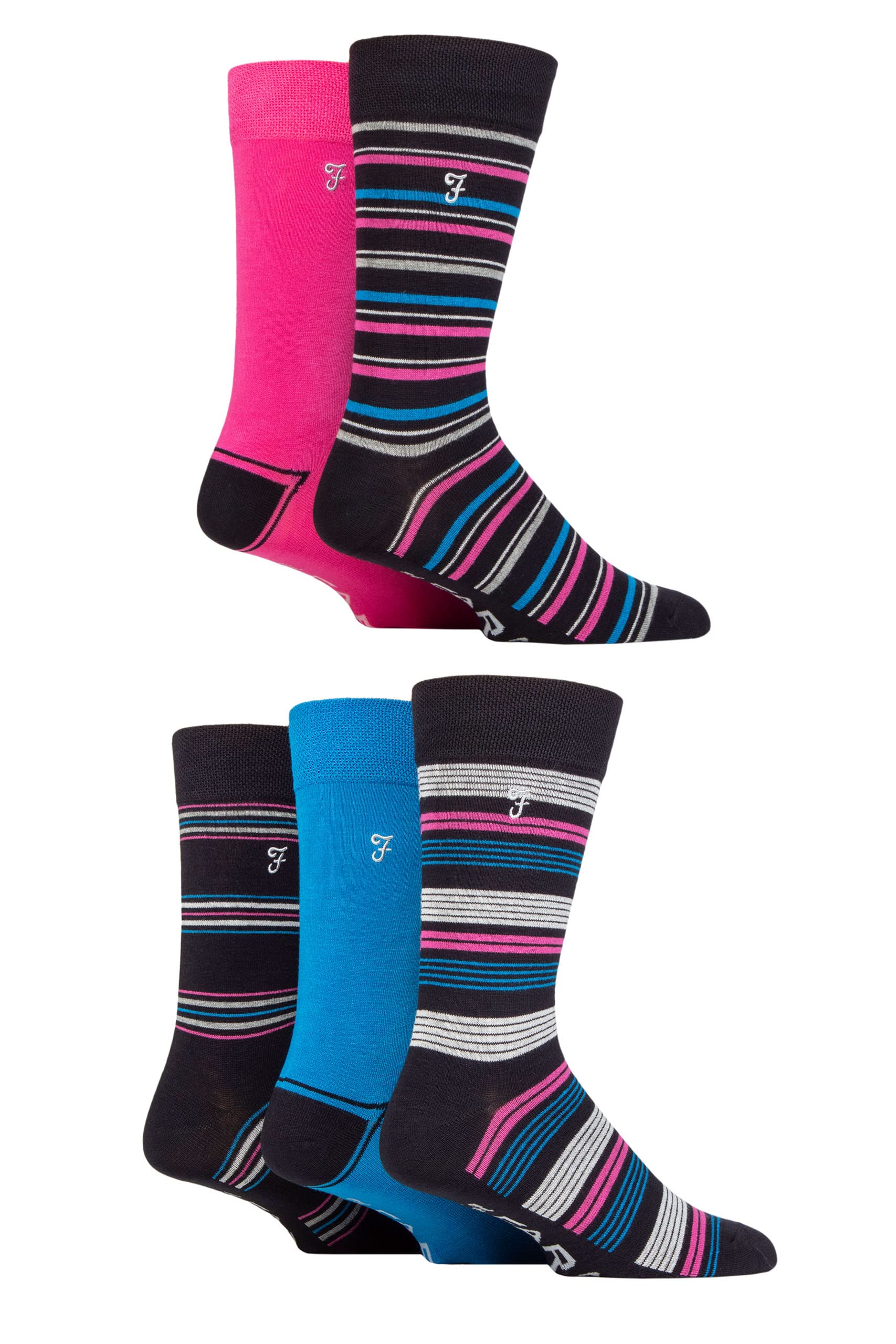 Farah 5 Pack Bamboo Bright Pattern Socks, Navy, Men