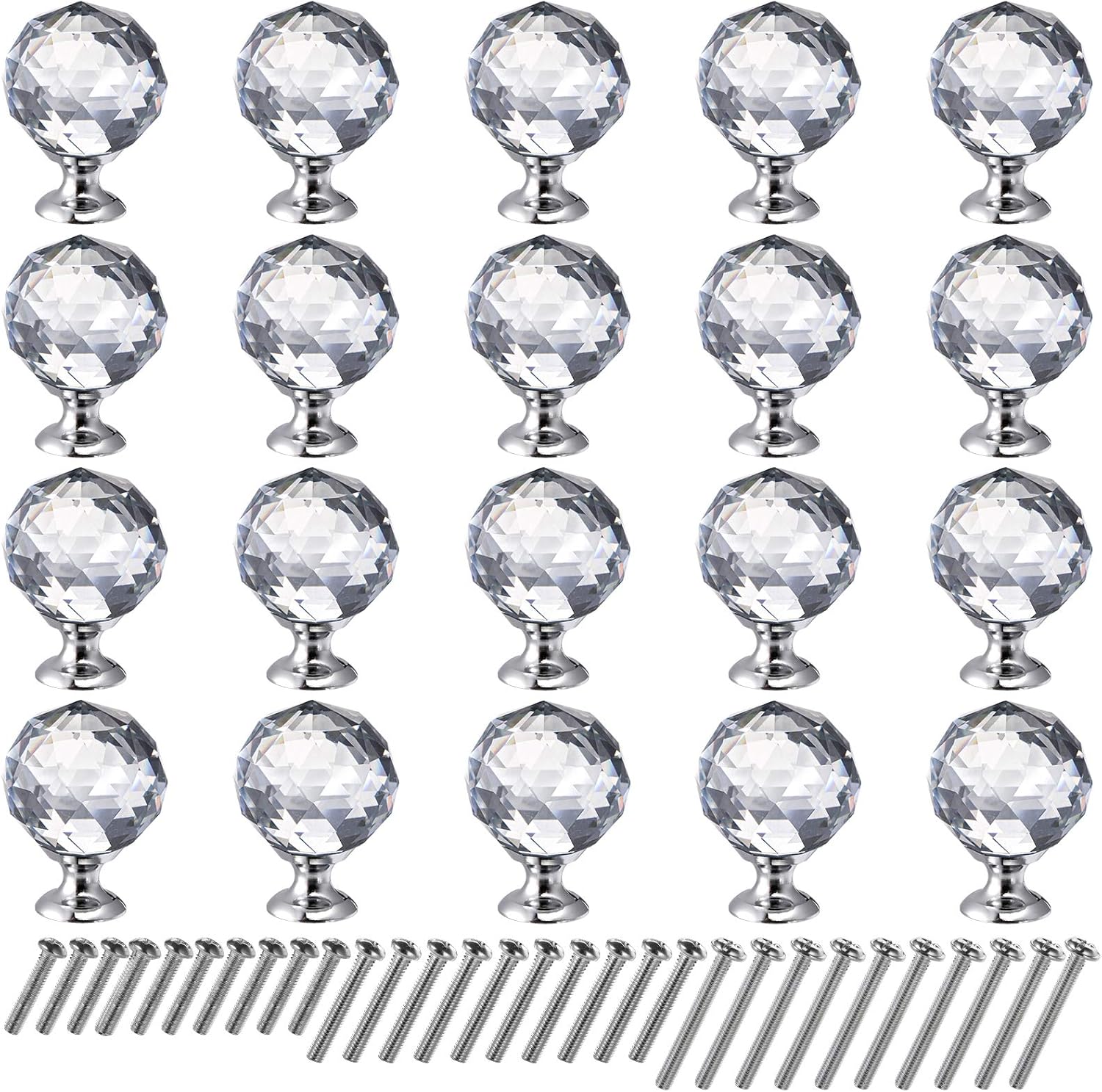 Hedume 20 Pack Crystal Glass Cabinet Knobs, 30mm Ball Shape Pulls Handles, Drawer Knobs Pulls with Screws, Dresser Pulls Cupboard Knob Cabinet for Kitchen, Bathroom, Office