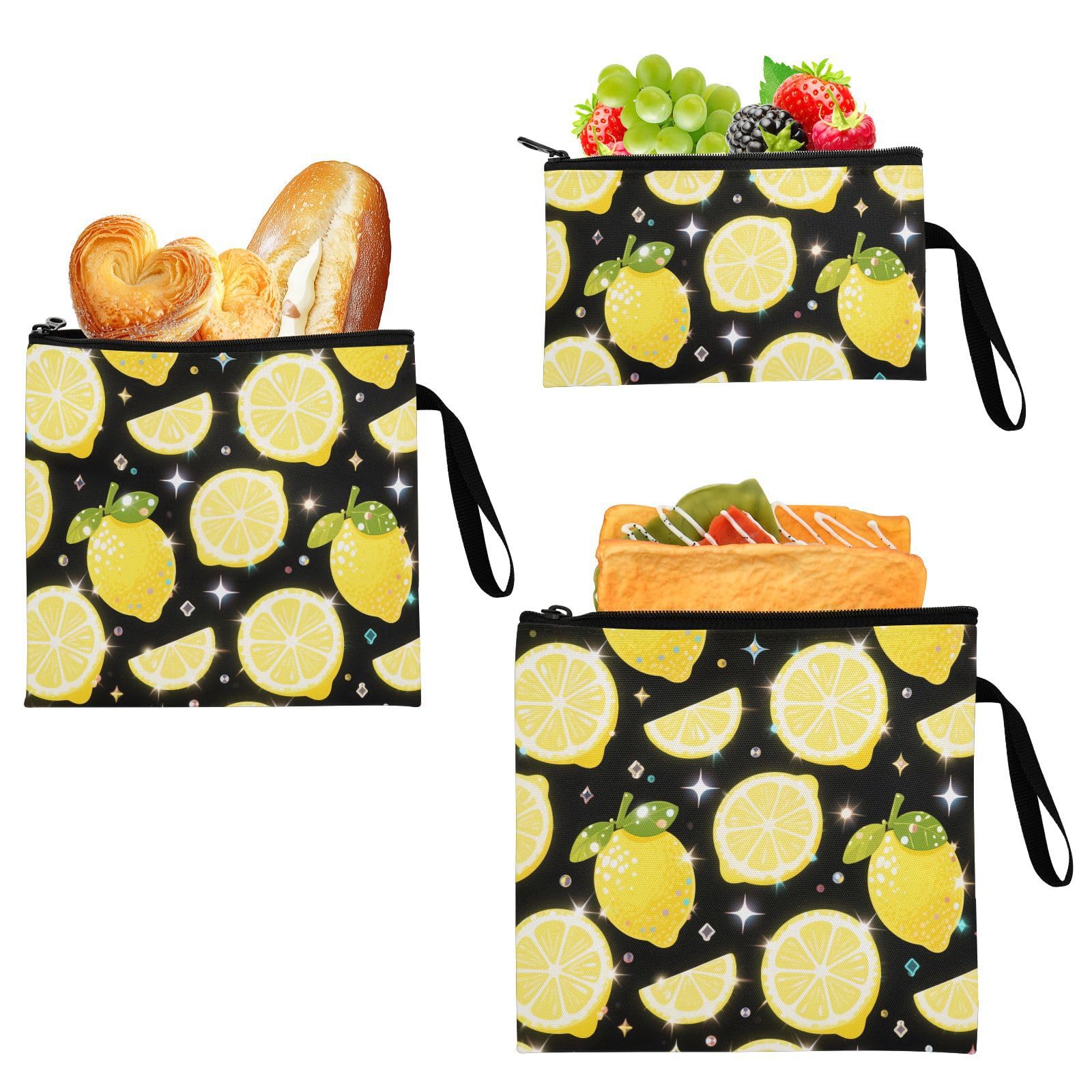 Yoogain Fake Sequin Glitter Black Lemon 3 Pcs Reusable Sandwich and Snack Bags Multi-Use Food Storage for Work Office Travel Picnic