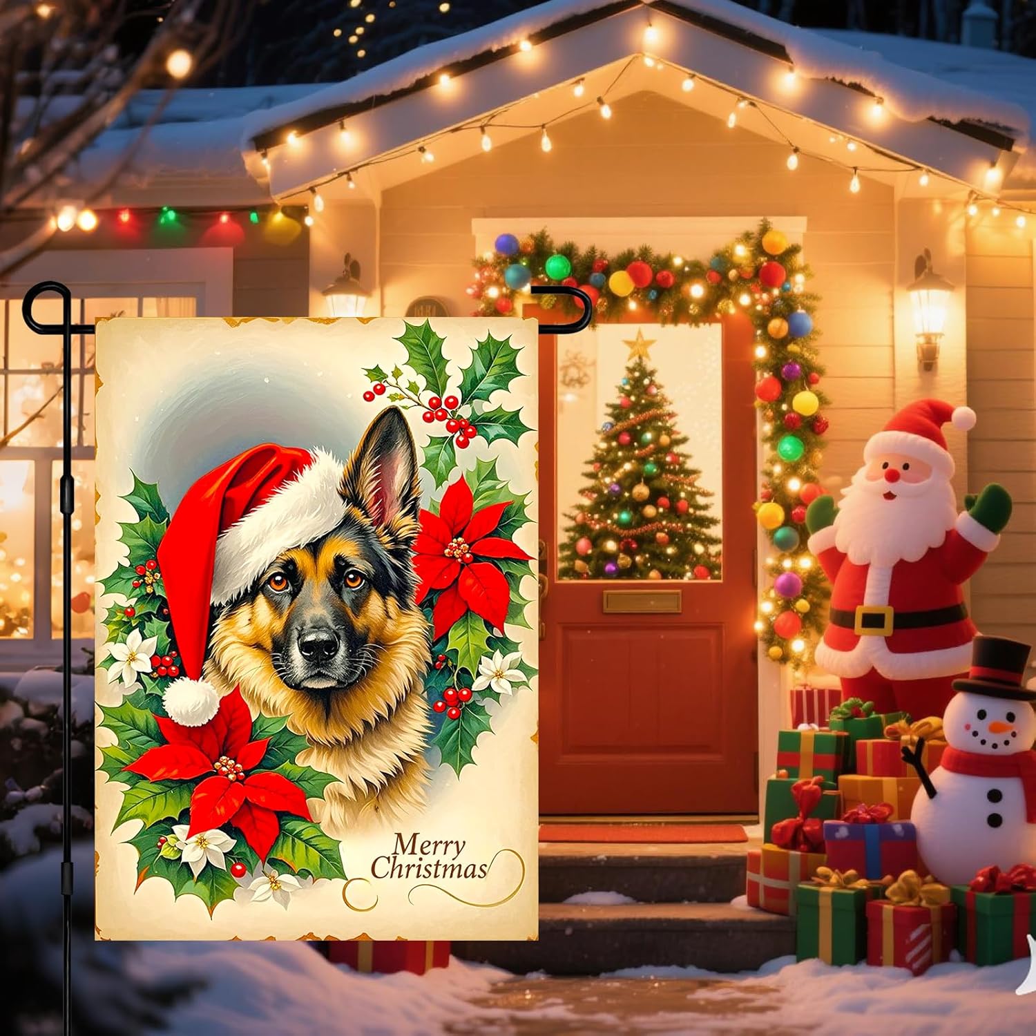 Merry Christmas Garden Flag 12x18 Inch Christmas Dog Double Sided Yard Flag Holiday with German Shepherd Santa Hat Holly Leaves and Poinsettia Design for Winter Porch Lawn Decor - Image 2