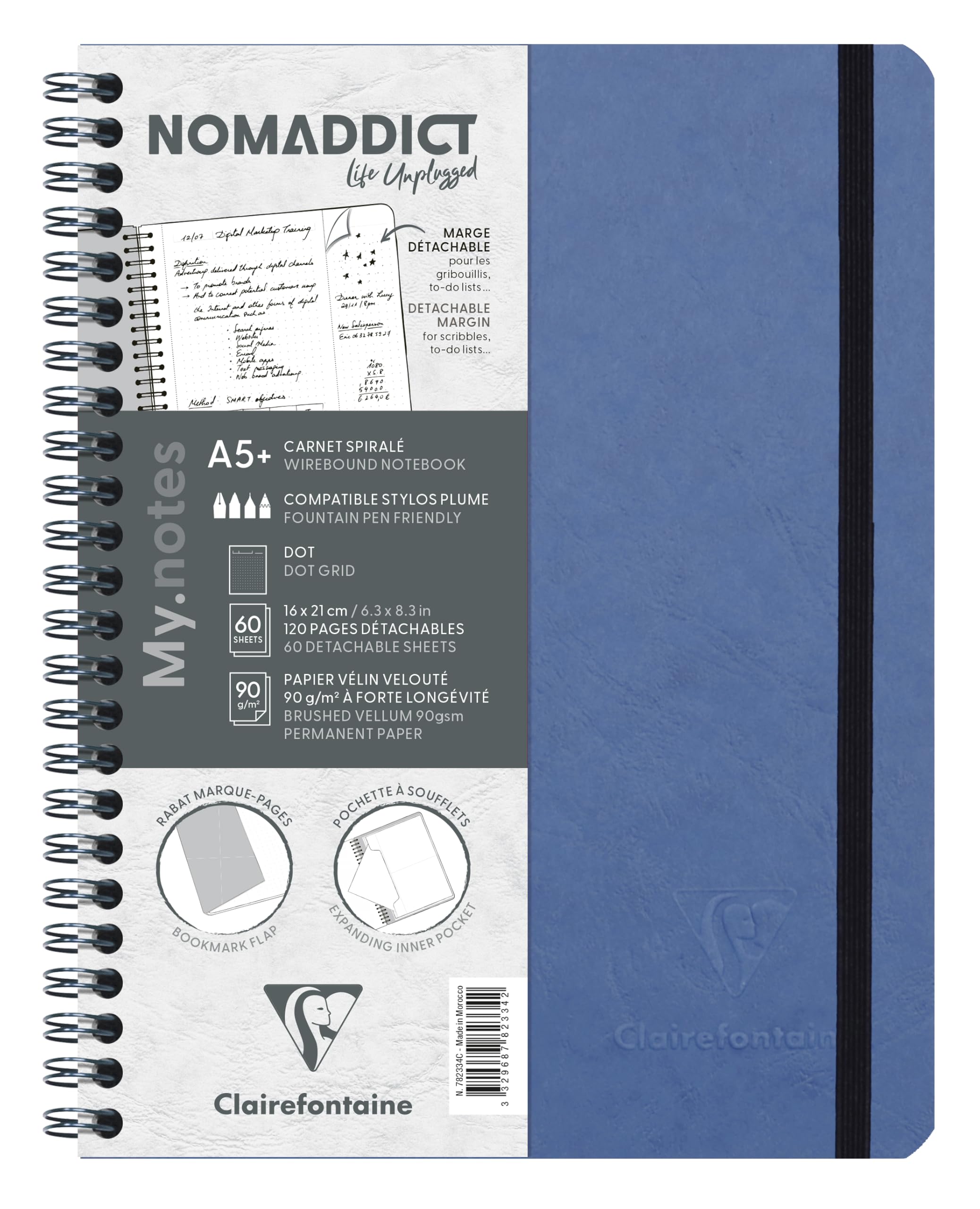 Clairefontaine Age Bag My Notes Wirebound Notebook with Detachable Margin Dotgrid A5+ - Blue