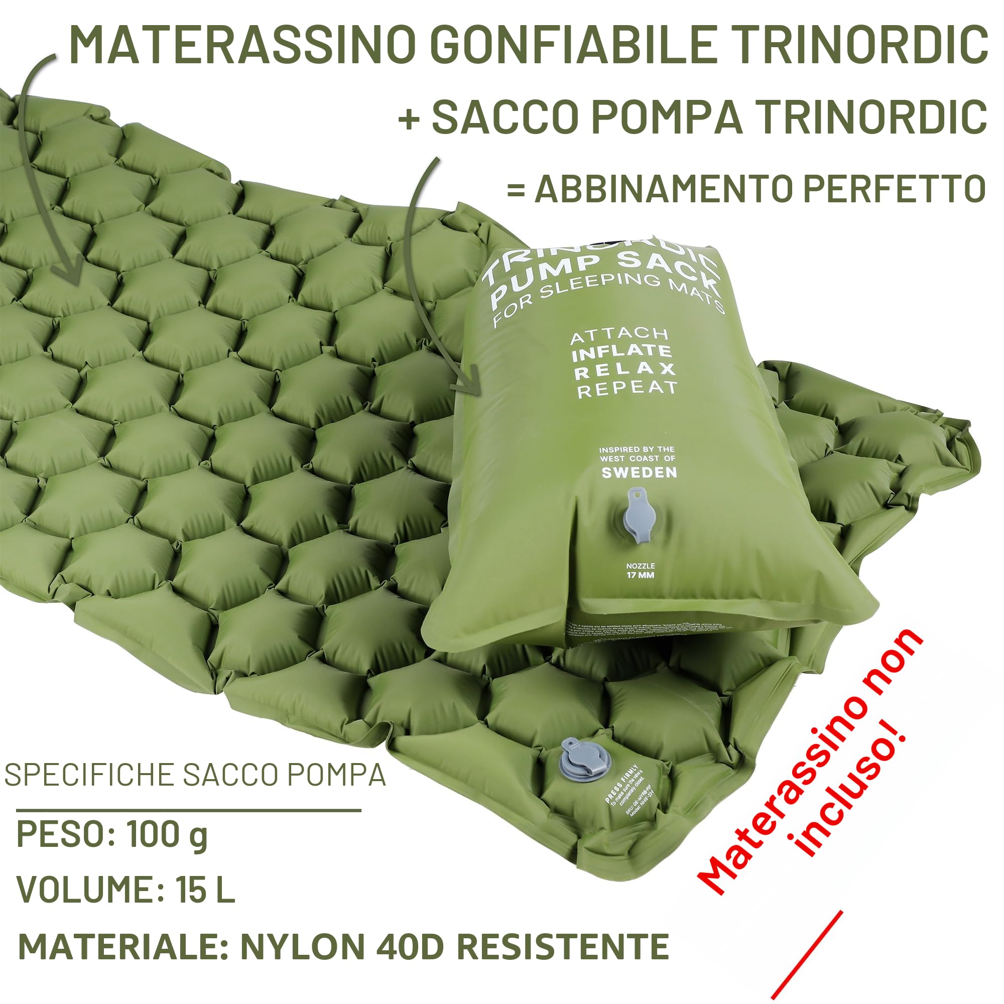 Trinordic - Pompa a sacco solo per materassini da campeggio gonfiabili Trinordic, ugello da 17 mm
