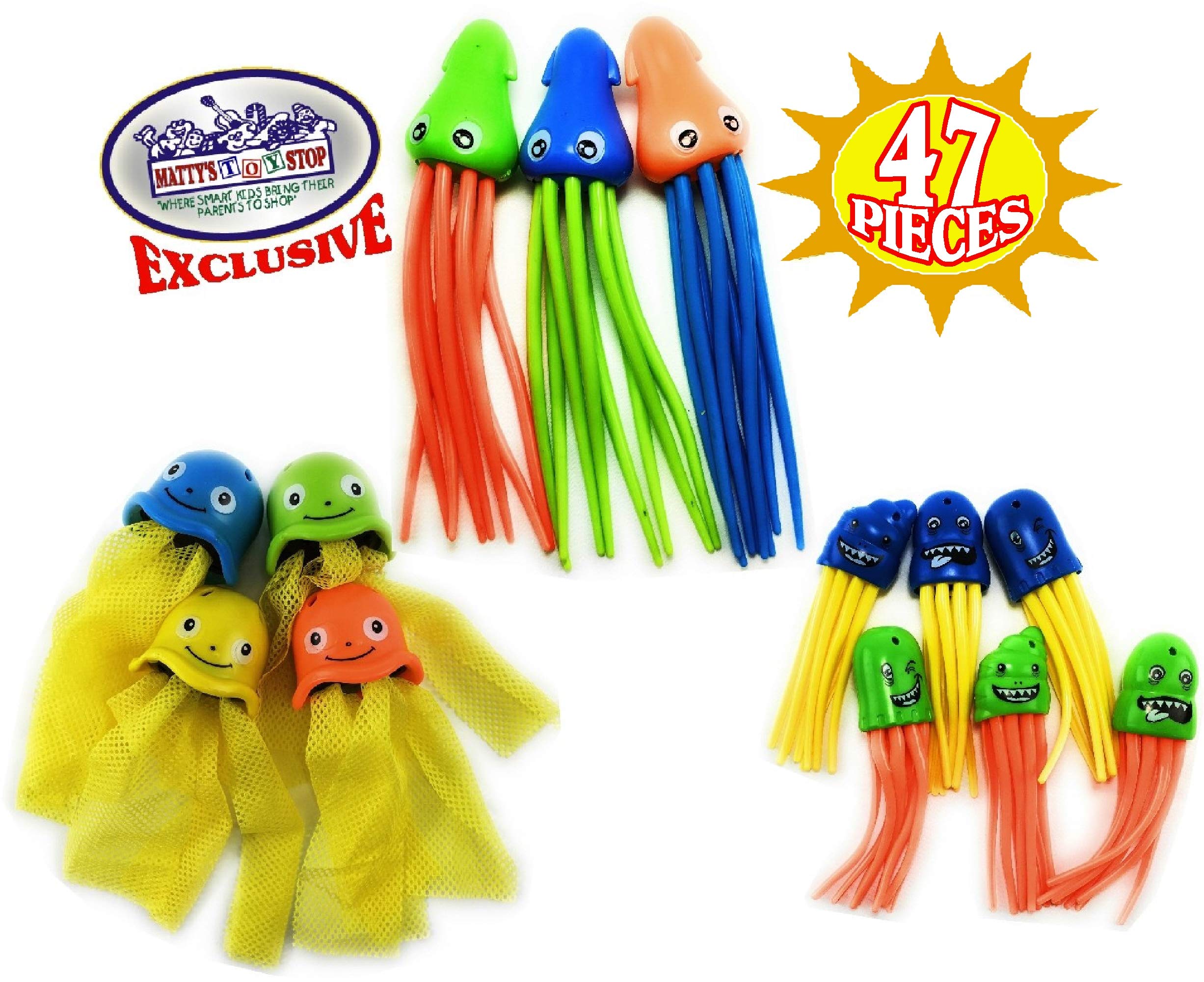 Matty's Toy Stop 47 Piece Super Ultimate Dive Set for Diving/Swimming Pools Featuring Dive Sticks, Dive Rings, Gems, Balls, Fish, Torpedo, Shark, Octopus, Jellyfish, Fishing Nets & Bonus Storage Bag - Image 5