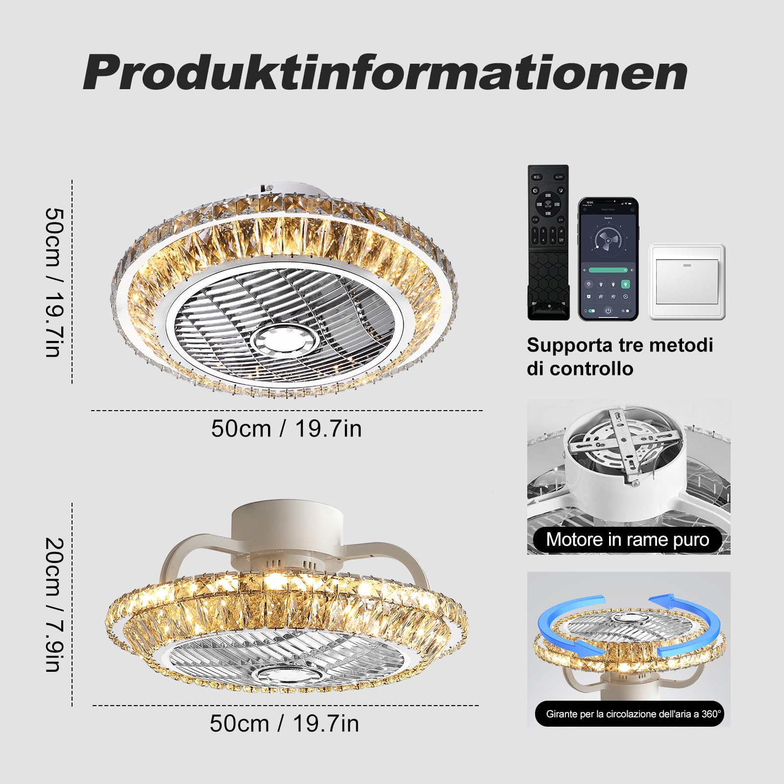 Crystal Ventilatori Da Soffitto Con Lampada 72W LED Fan Plafoniera Invisibile 3 Velocità Con Telecomando Dimmerabile Decorazione D'interni Illuminazione Camera Da Letto Ristorante Fan Lampadario(A)