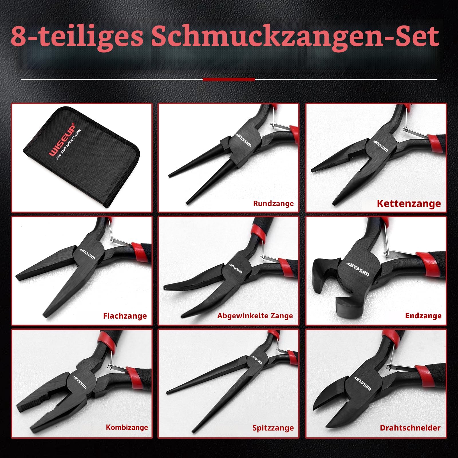 WISEUP 8-teiliges Mini-Zangen-Set, Nadel, rund, flach, lang, gebogene Nase, diagonal, Endschneiden, Linesman-Zangen zum Basteln, Elektronik und Schmuckherstellung, mit Tasche