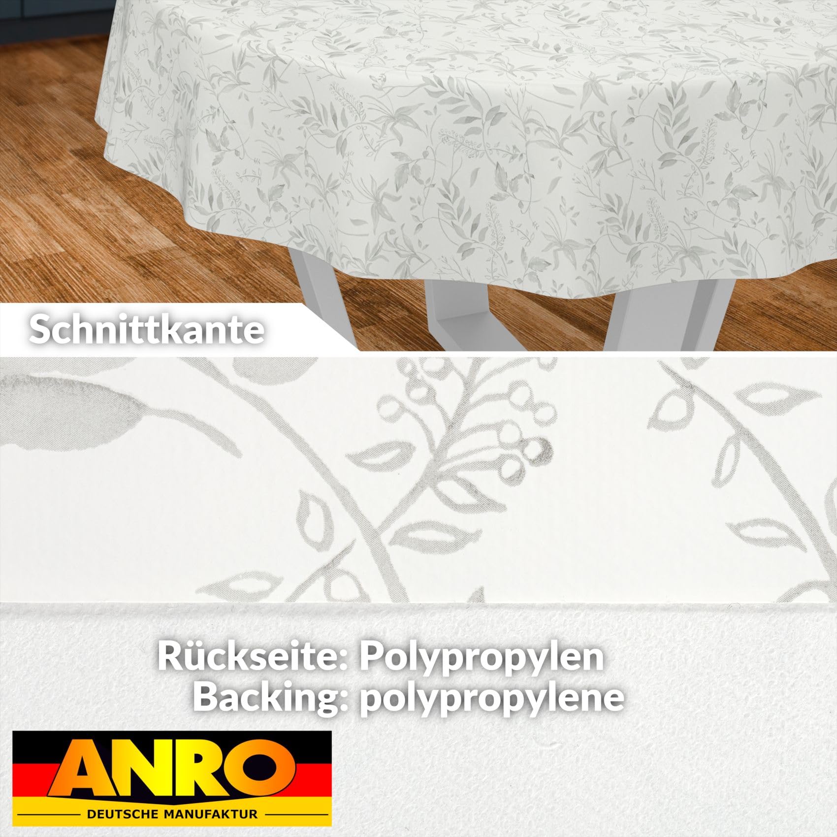 ANRO Oilcloth Tablecloth, Washable, Oilcloth, Garden Tablecloth, Outdoor, Indoor, Round, 140 cm, Cut Edge, Leaves, Grey - Image 2