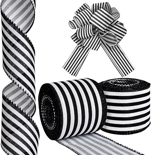Miniatura 15 de Cinta de alambre con rayas blancas y negras - 1.5 pulgadas x 10 yardas, cinta de primera calidad para envolver regalos, decoración navideña