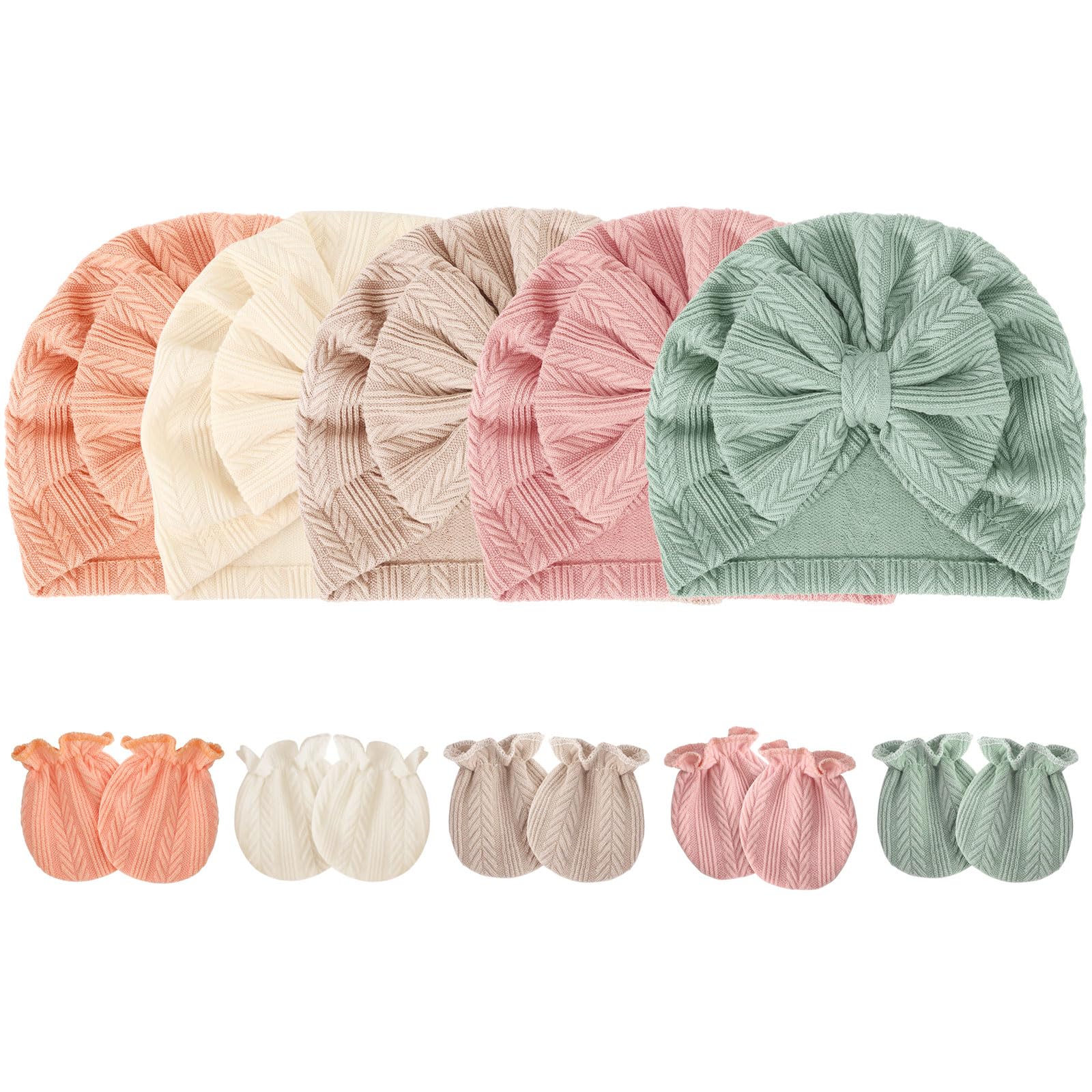 DRESHOW Newborn Baby Girls Hats Mittens Set Hospital Hat Beanie Infant Hats Baby Cotton Gloves No Scratch Mittens 0-6 Months