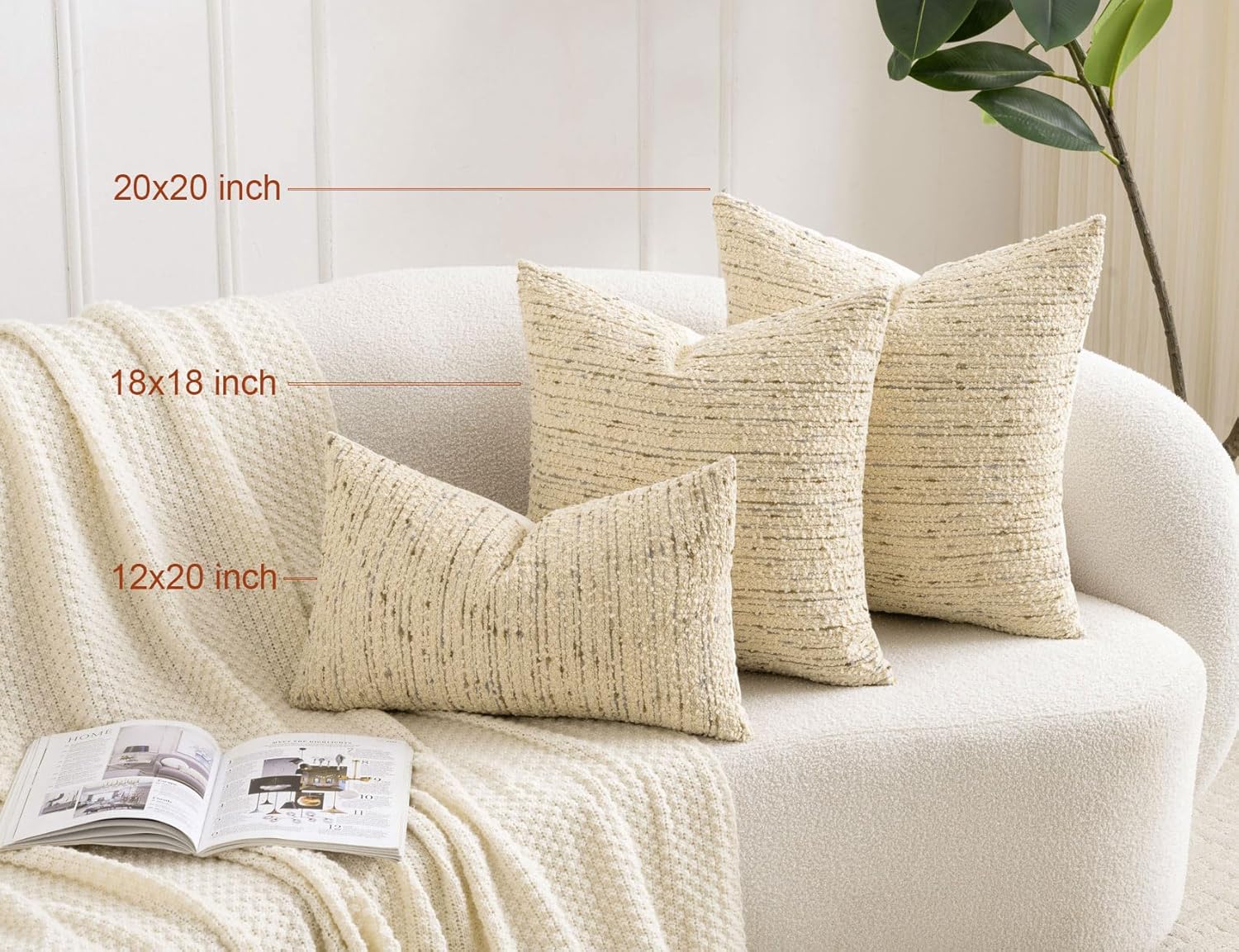Zealax Textured Boucle Pillow Covers 20x20 Neutral Throw Decorative Pillow Covers for Bed Couch, Luxury Accent Pillow Cases Square Cushion Covers Set of 2, Cream