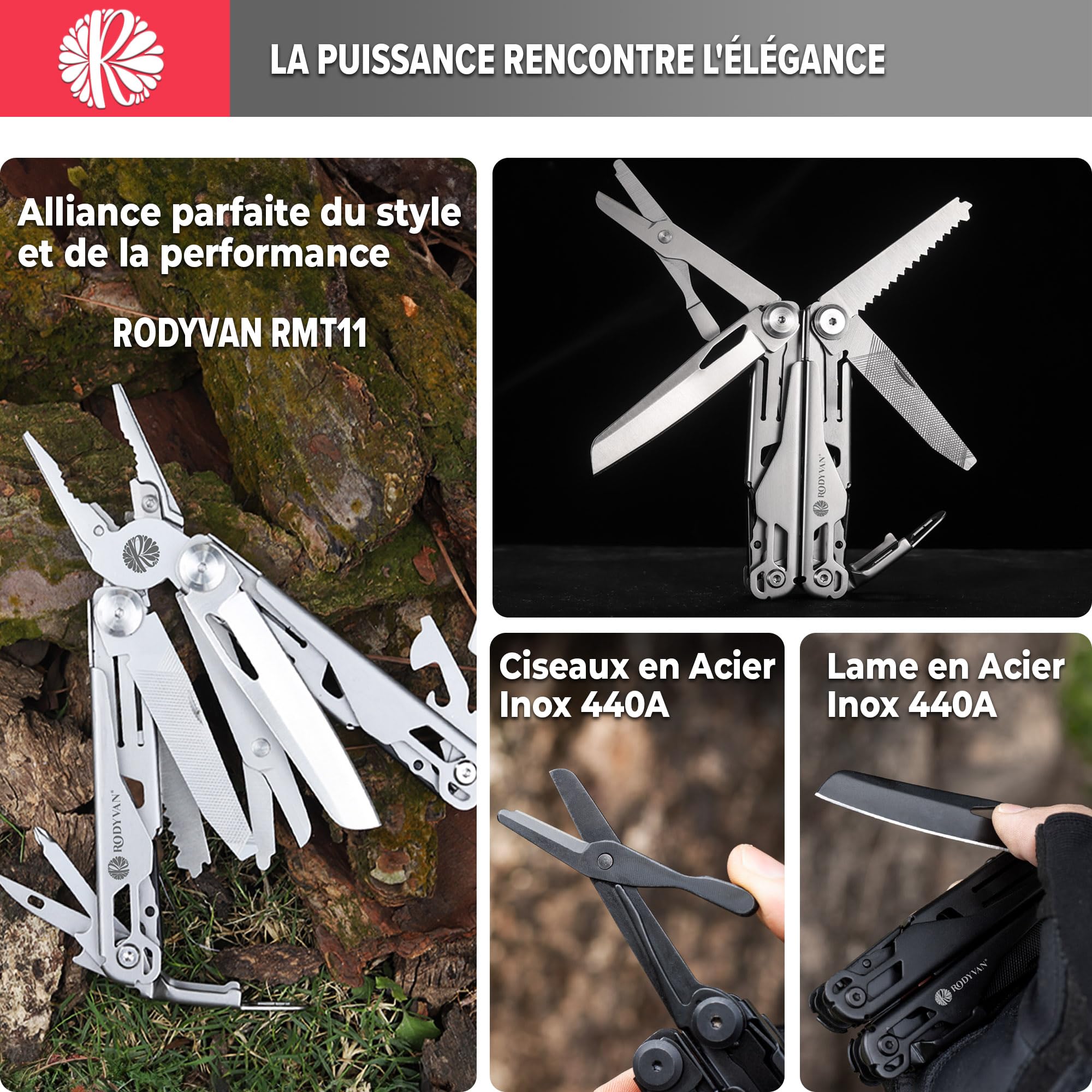 Pince Multifonctions 19-en-1, Outil en Acier Inoxydable avec Aiguiseur, Ciseaux, Scie, Poinçon, Lime, Décapsuleur, jeu de Tournevis. Accessoires de Survie Camping Randonnée, Cadeau pour Homme