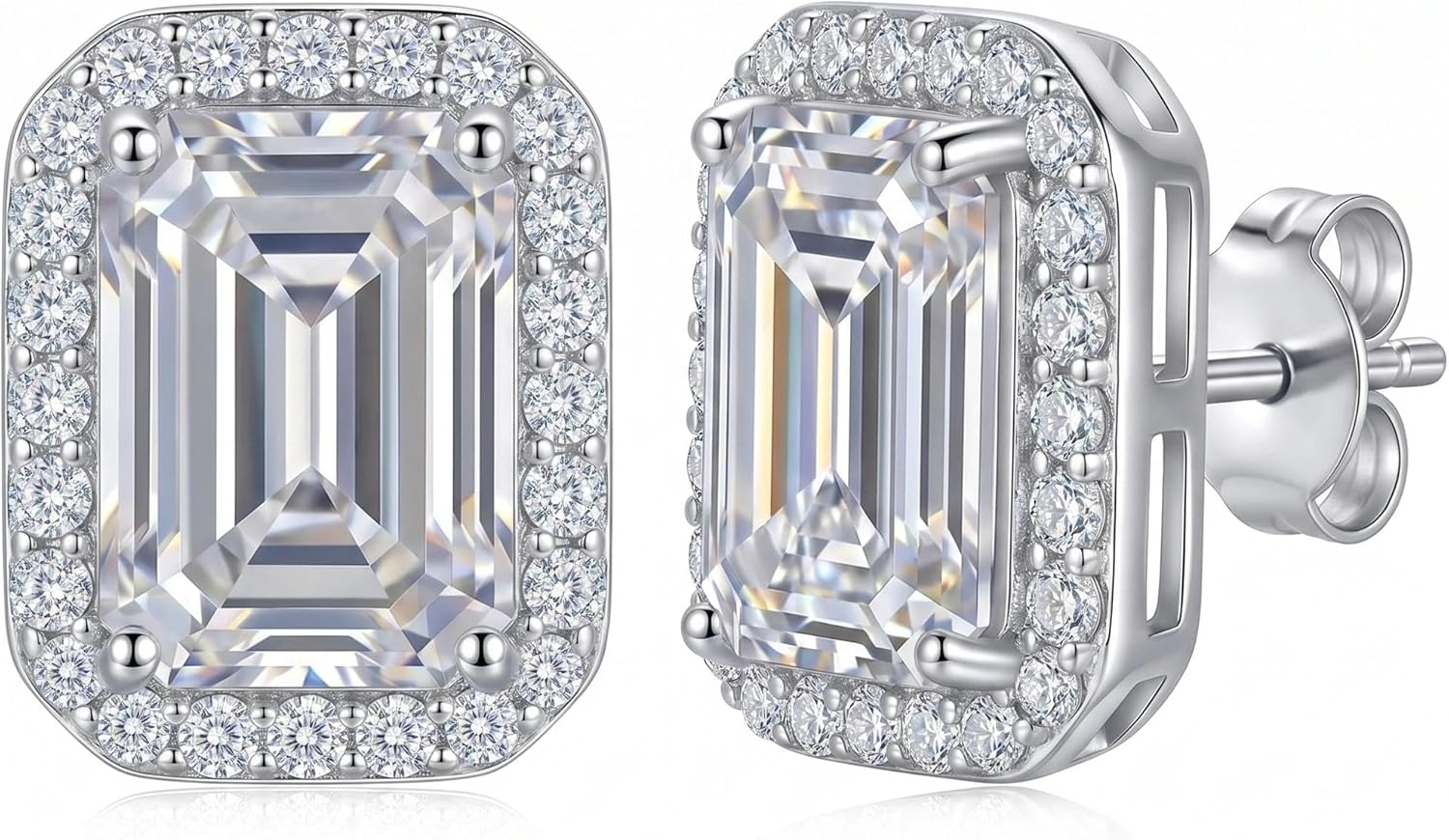 1 Carat Emerald Cut Moissanite Halo Stud Earrings (Stone: 6.6×7.7mm, Set: 9.6×7.7mm) For Women, D Color VVS1, 925 Sterling Silver, With GRA Certificate