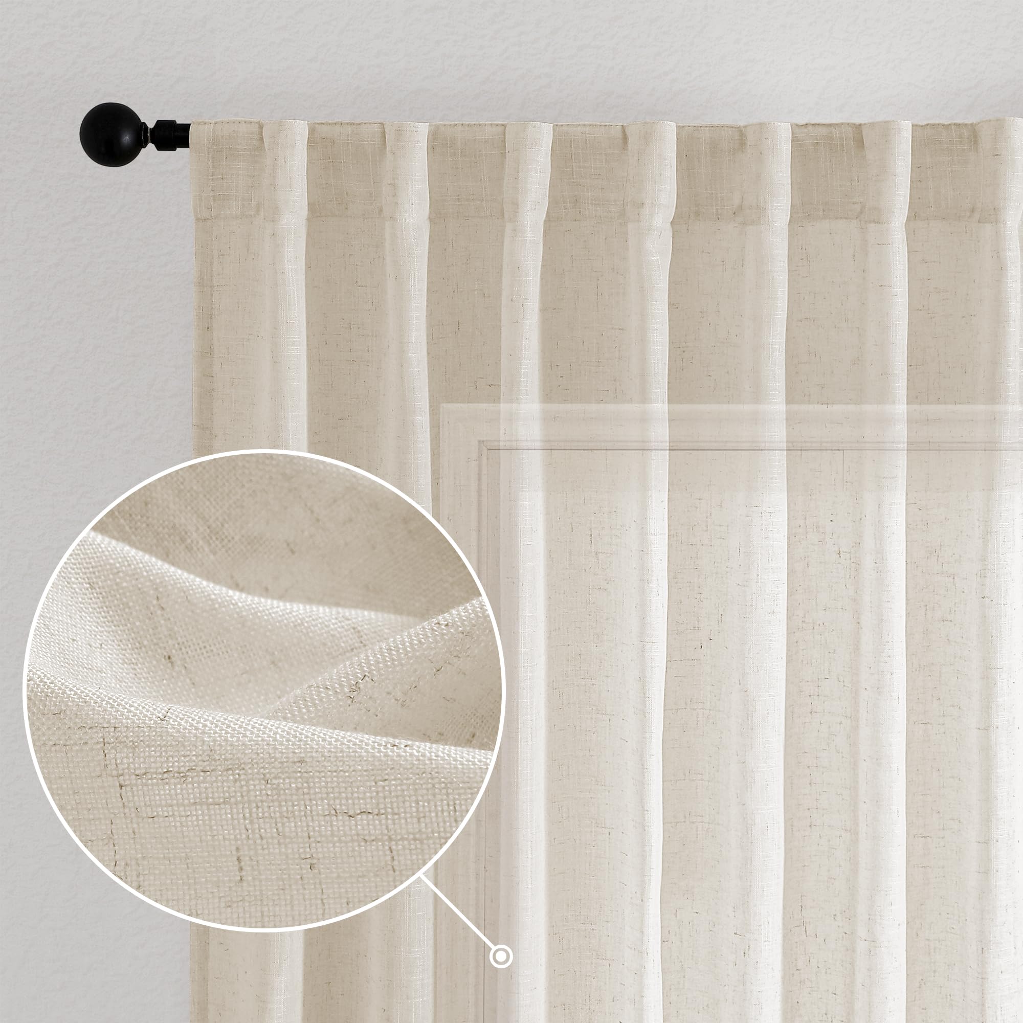 Novecozy Natural Linen Oatmeal Semi Sheer Curtains 63 Inch