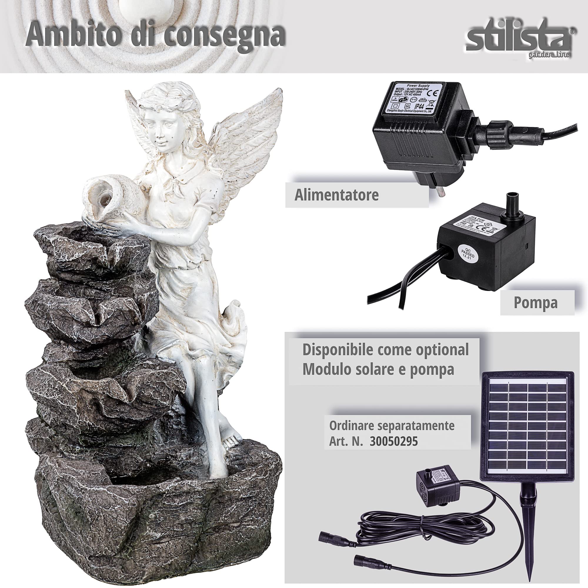 STILISTA Fontana da giardino a forma di angelo, 49 x 35 x 32 cm, con illuminazione a LED, pompa inclusa