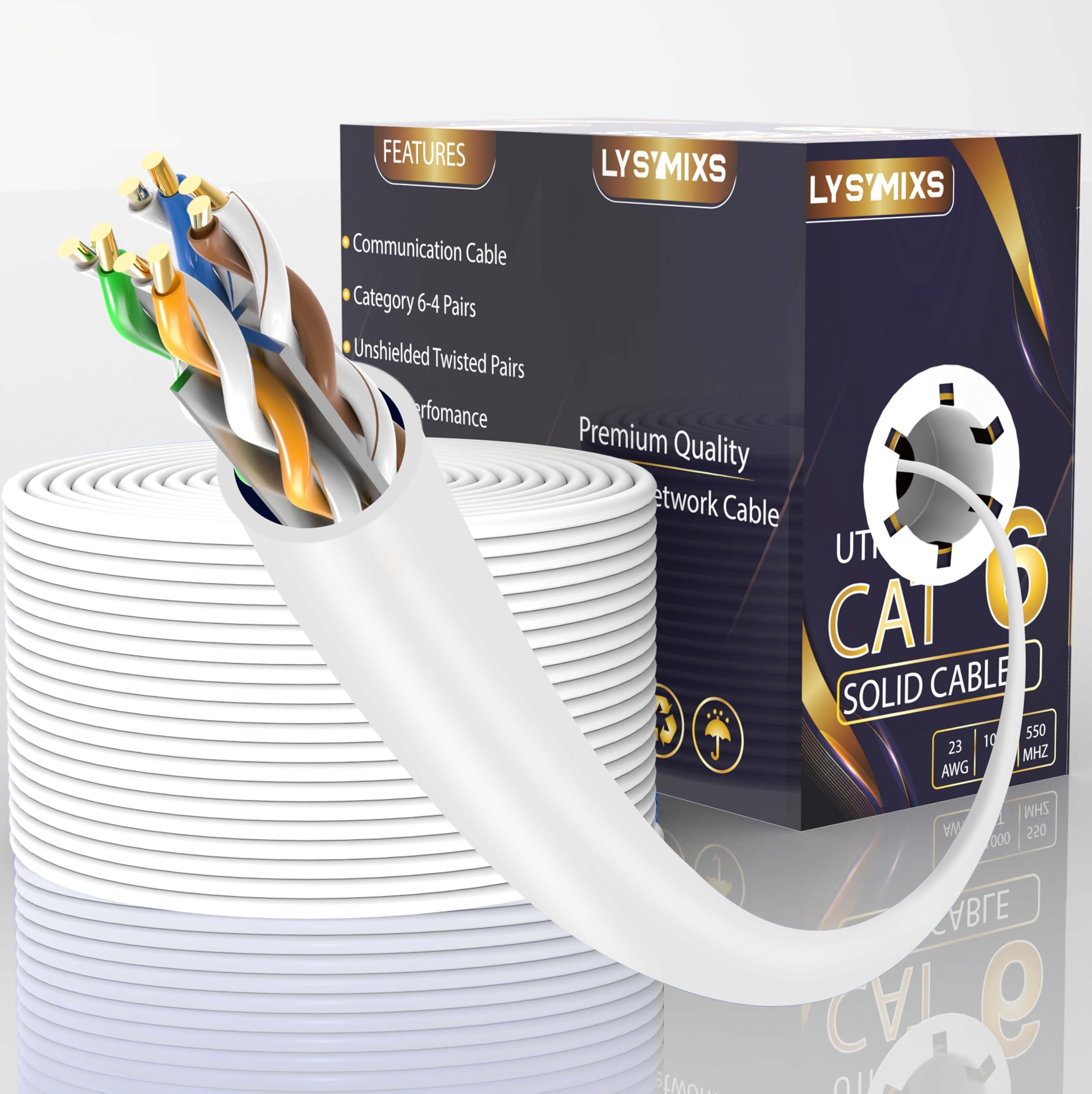 Cable Ethernet Cat6 de 1000 pies, paso de prueba de canal, Cat6 de 1000 pies, cable Ethernet 23AWG CCA sólido, cable Cat6 de 550 MHz 10 G con caja de fácil extracción, color blanco