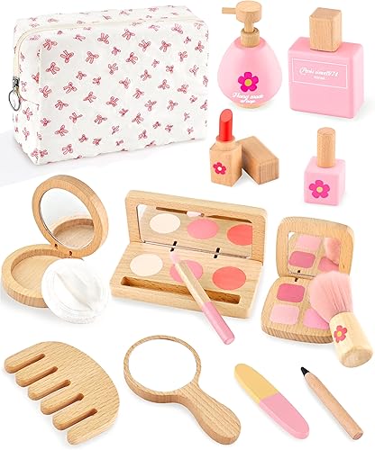 Kit de maquillaje de madera para niñas de 3 a 5 años, juego de cosméticos con espejo, lápiz labial, esmalte de uñas y bolsa, juego de maquillaje de