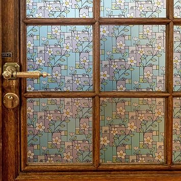 VSUDO Frosted Privacy Window Film, Frangipani Flower Pattern, Privacy Protection, Non-Adhesive, Static Cling Glass Covering, Decorative Window Tint for Home and Office, 11.8 x 78.7 Inches