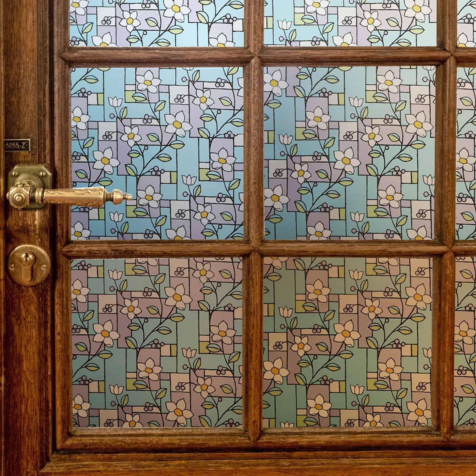 VSUDO Frosted Privacy Window Film, Frangipani Flower Pattern, Privacy Protection, Non-Adhesive, Static Cling Glass Covering, Decorative Window Tint for Home and Office, 35.4 x 157.5 Inches