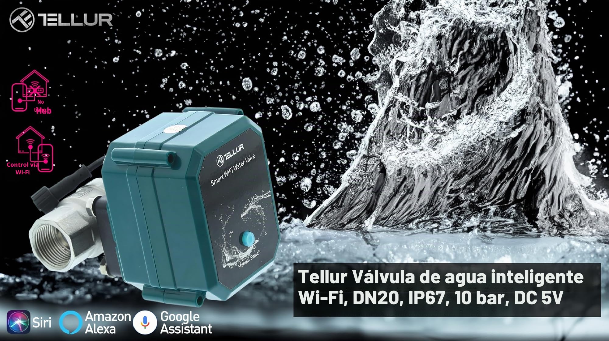 TELLUR Smart Electroválvula de Agua WiFi, Válvula de seguridad, App de Movil, Control de Voz con Alexa y Google, para Baño, Cocina, Jardín, Empresa, No Hub, Rosca DN20 (3/4"), 10bar