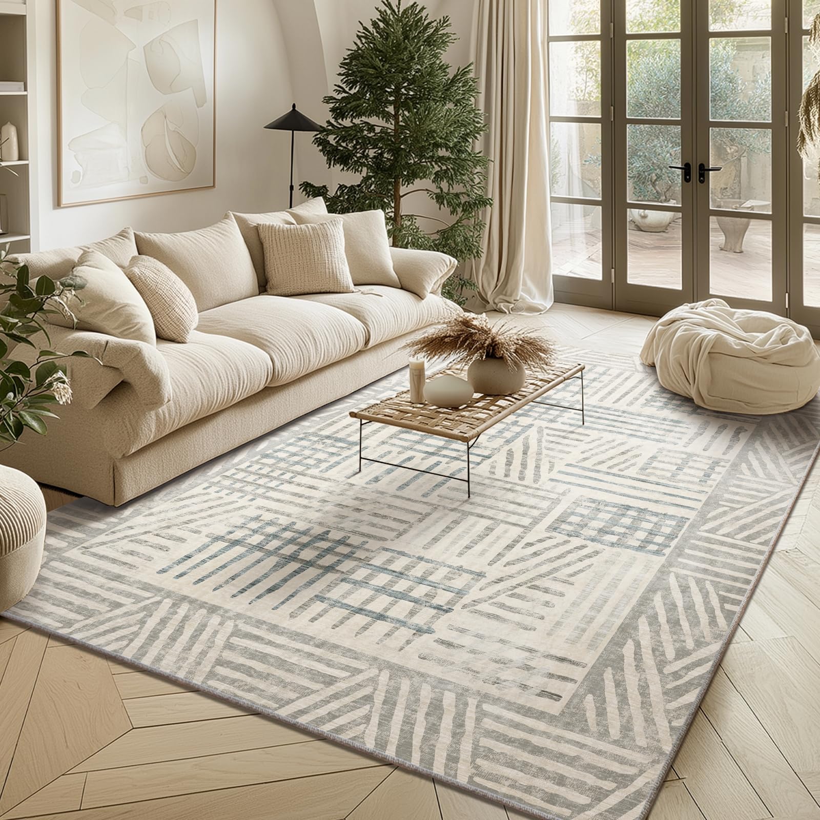 Area Rug 5x7 Abstract Geometric Textured Brushstroke - Neutral Gray &amp; Light Blue Modern Minimalist Area Rug, Decorative Carpet for Living Room Bedroom Home Decor